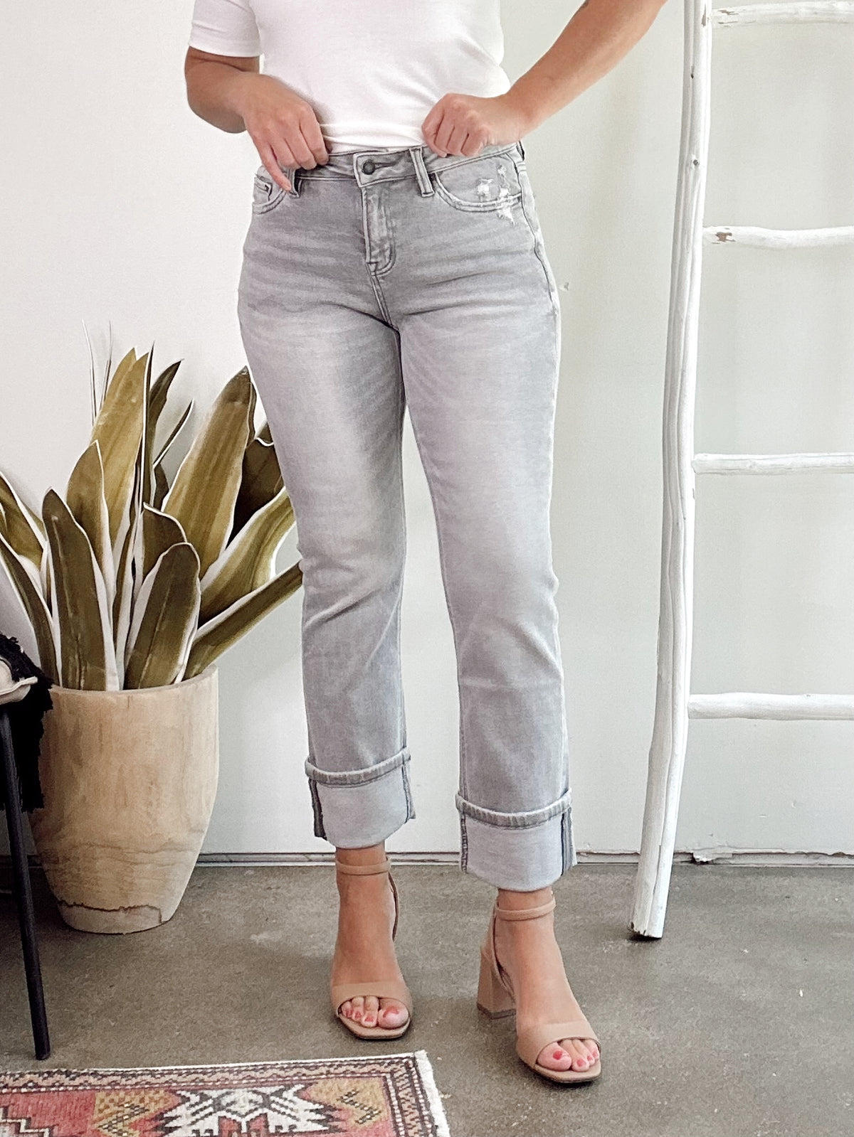 Kim Mid Rise Cuffed Straight Leg Jeans