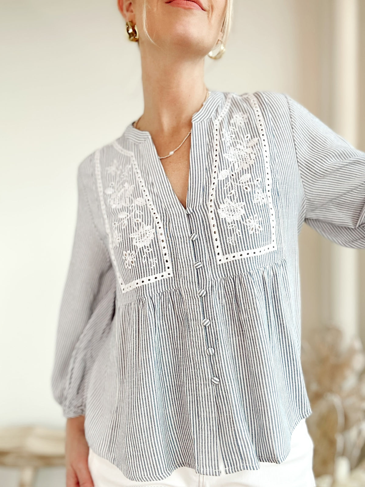 Olivia Peasant Blouse Denim