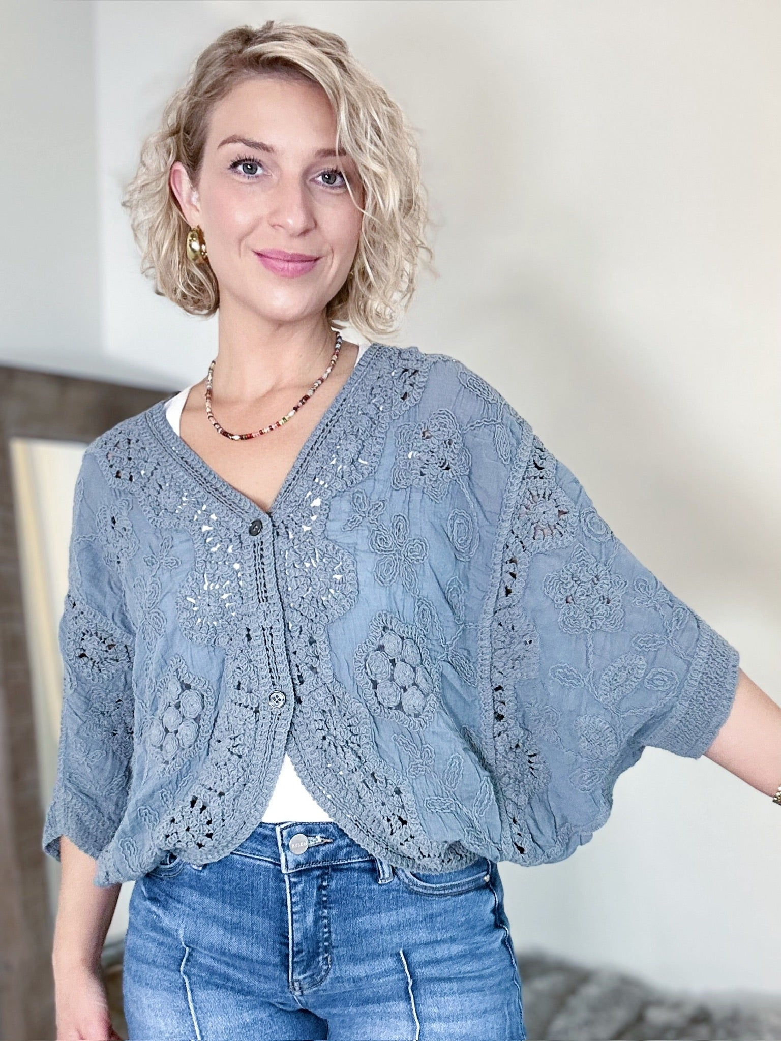 Carol Crochet Cardigan Top Grey