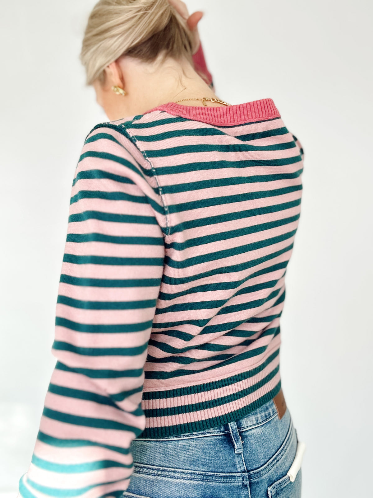 Faith Stripe Button Down Cardigan Forest Green/Rose