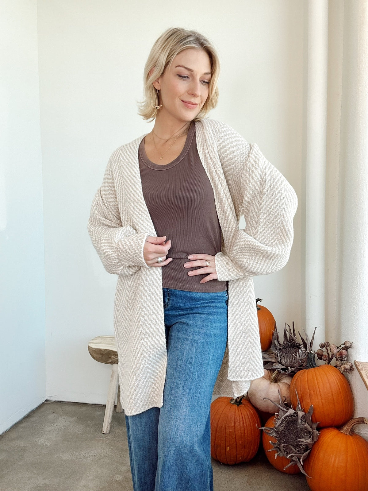 Emma Herringbone Cardigan Taupe