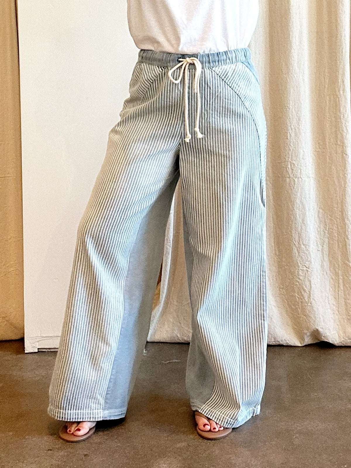 Monica Mineral Washed Striped Drawstring Pants Denim