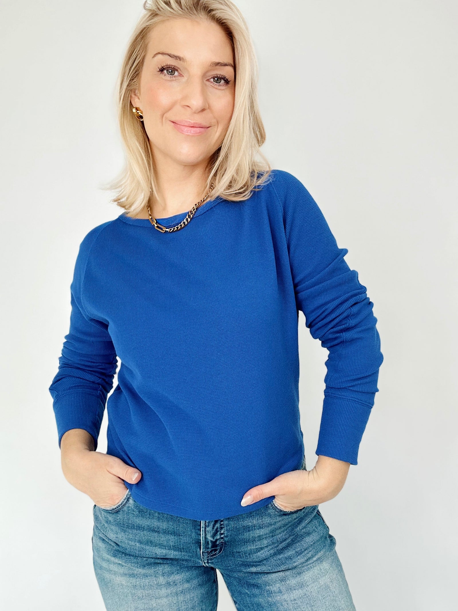 Mindy Thermal Knit Long Sleeve Top Cobalt