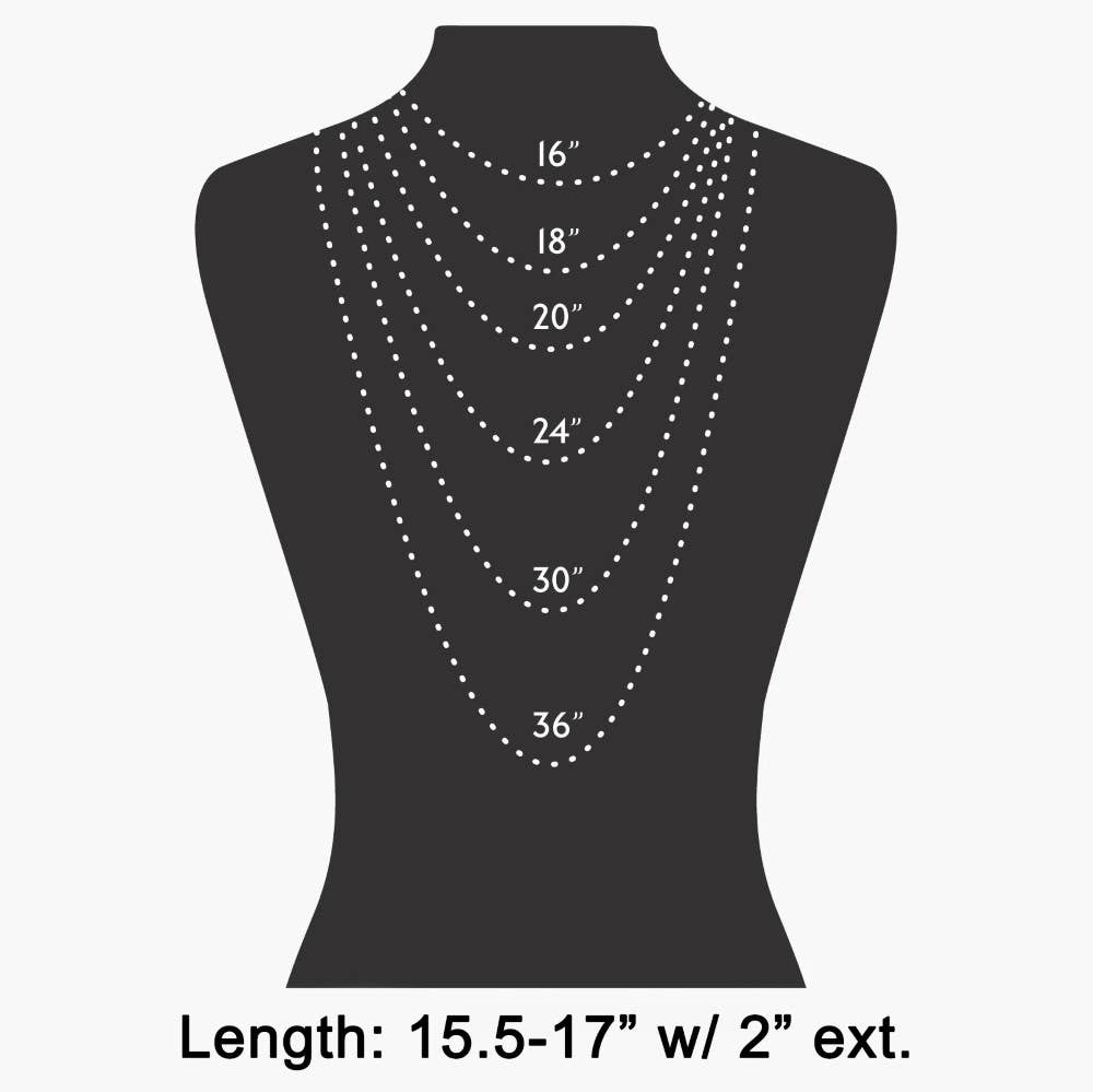 A black mannequin-style torso on a light gray background showing multiple necklace length options labeled 16, 18, 20, 24, 30, and 36 inches, with text below reading 'Length: 15.5-17" w/ 2" ext.