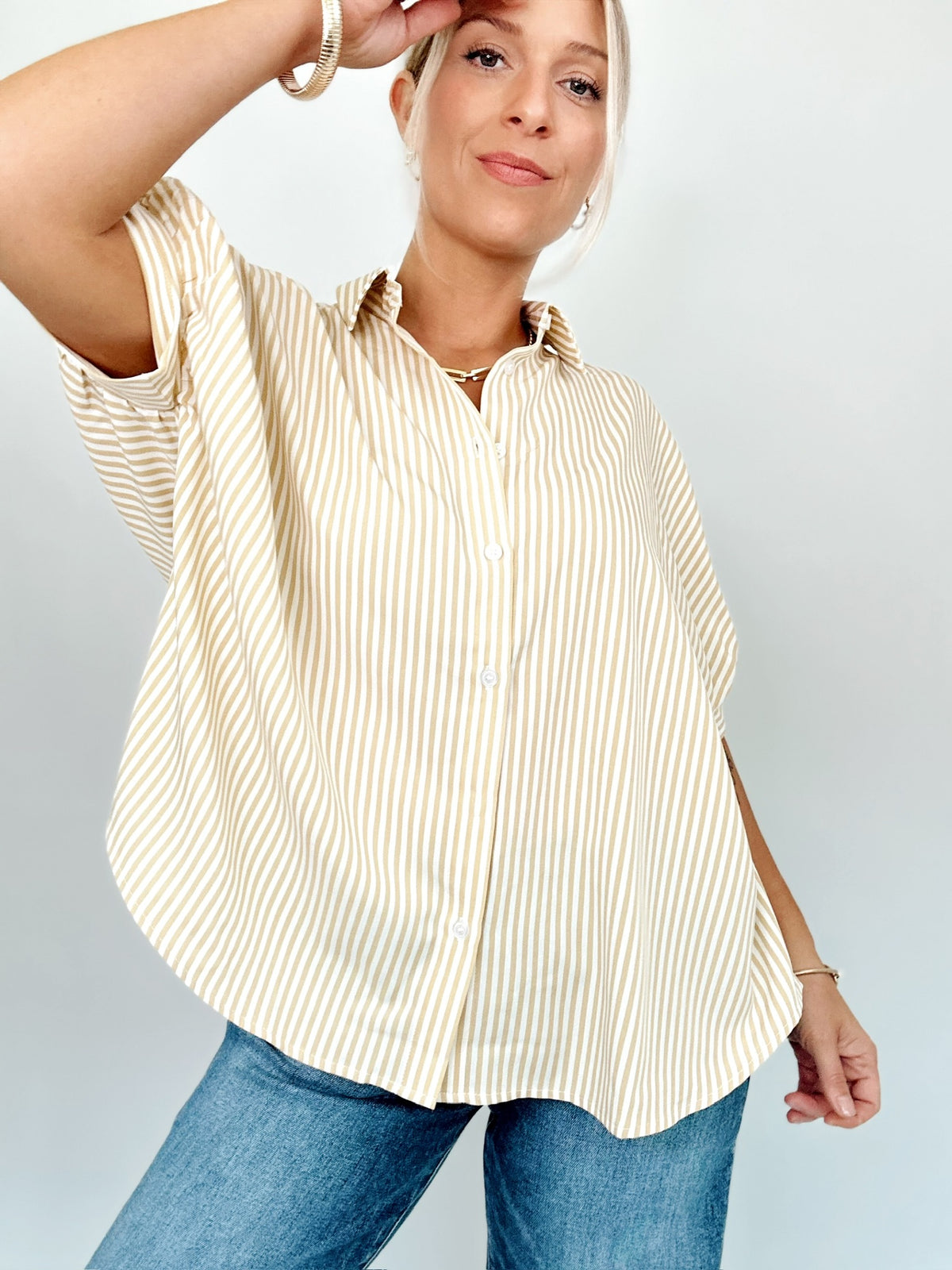 Ellen Button Down Stripe Shirt Taupe