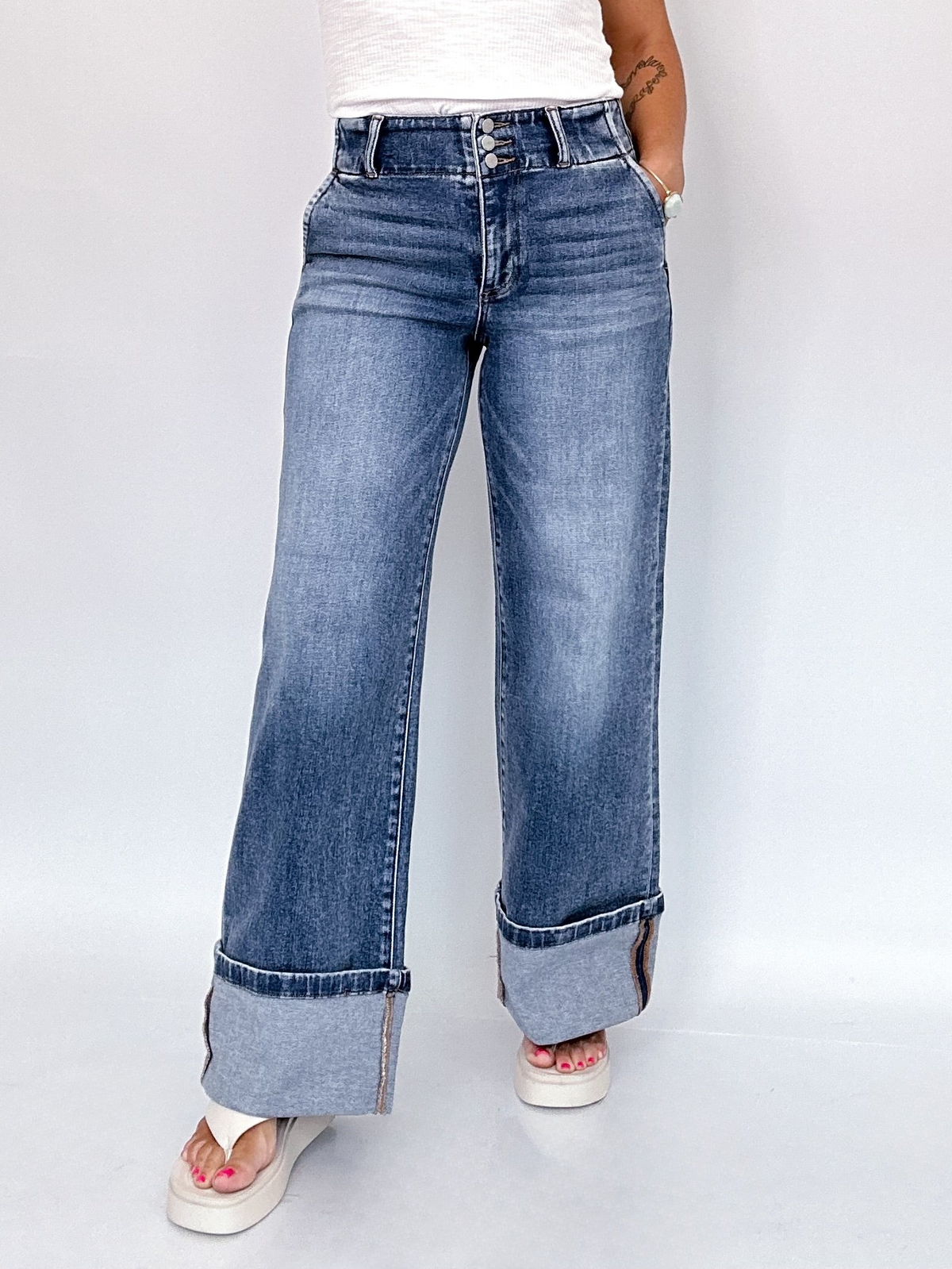 Elise High Rise Wide Leg Cuffed Hem Jeans
