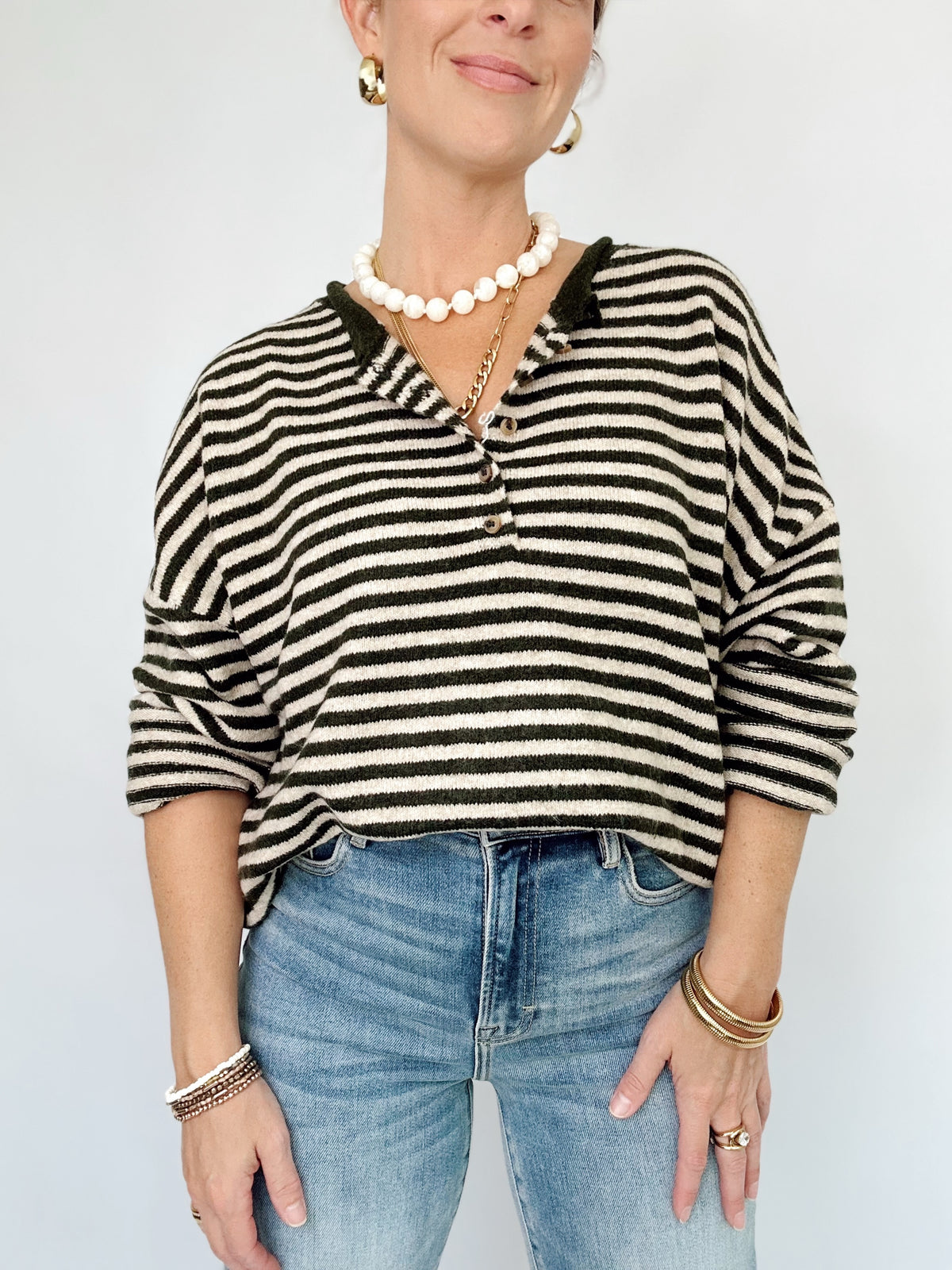Mindee Henley Stripe Sweater Deep Brown