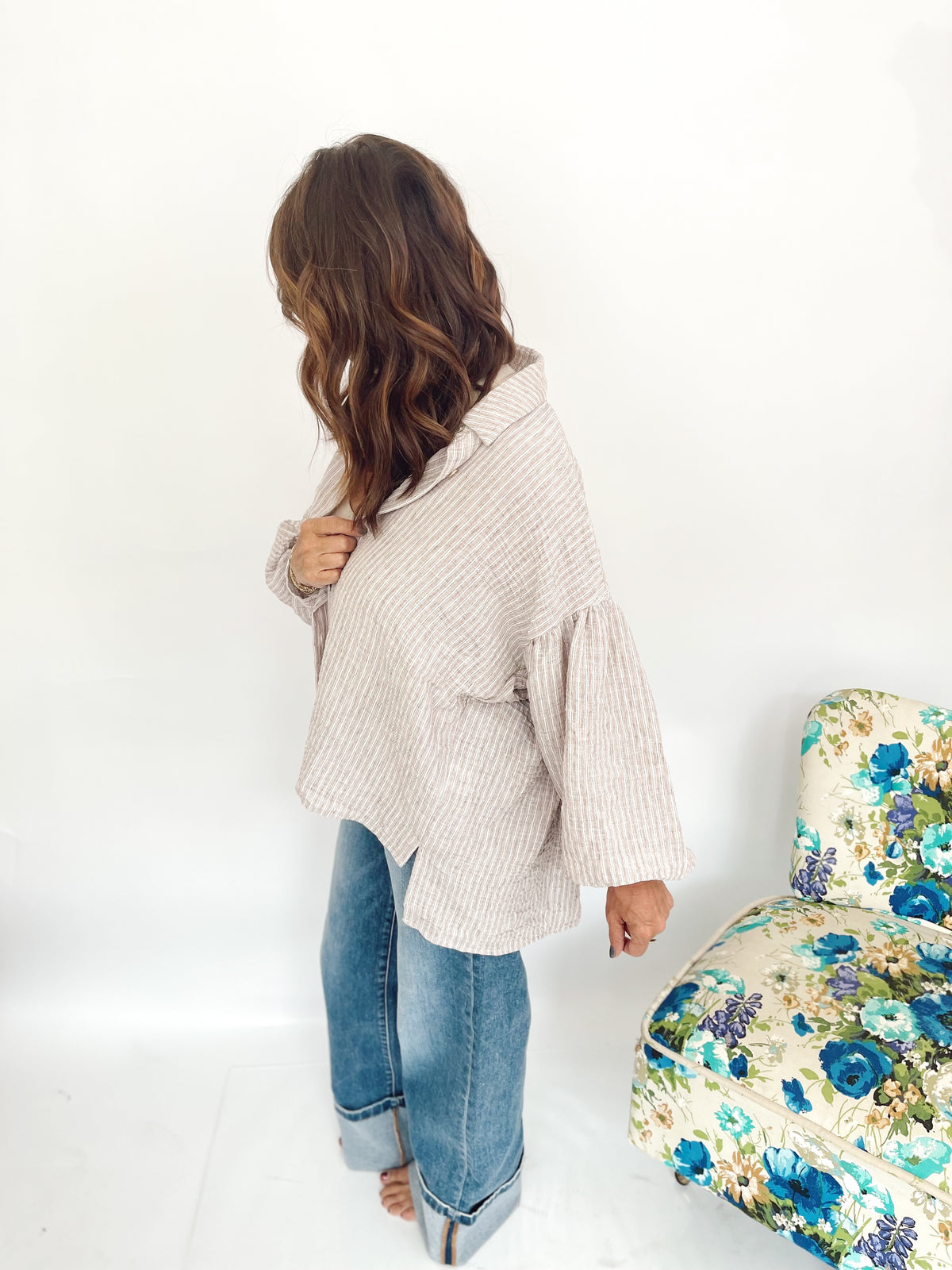 Macie Balloon Sleeve Stripe Shirt Taupe