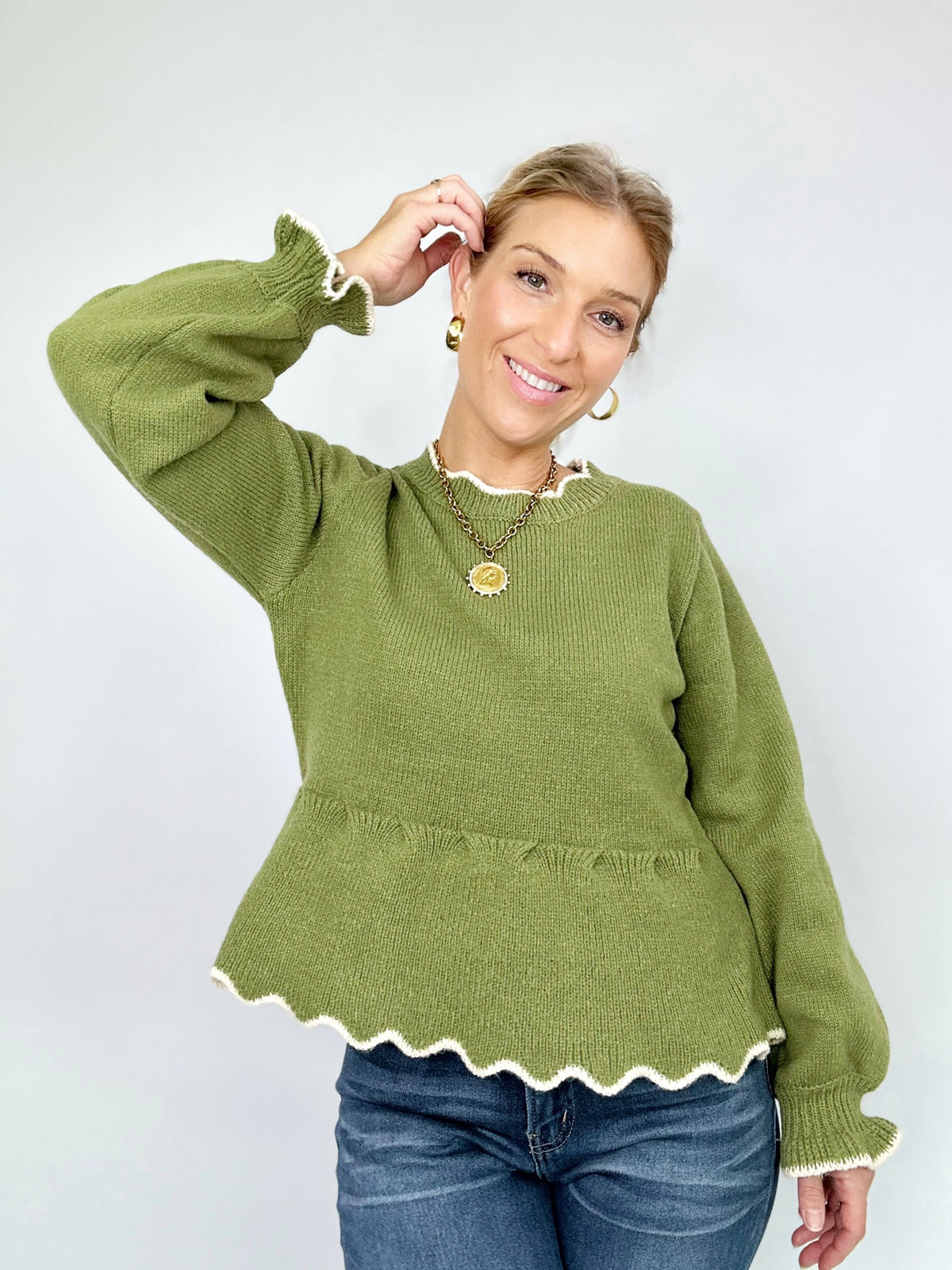 Eden Scalloped Peplum Sweater Olive