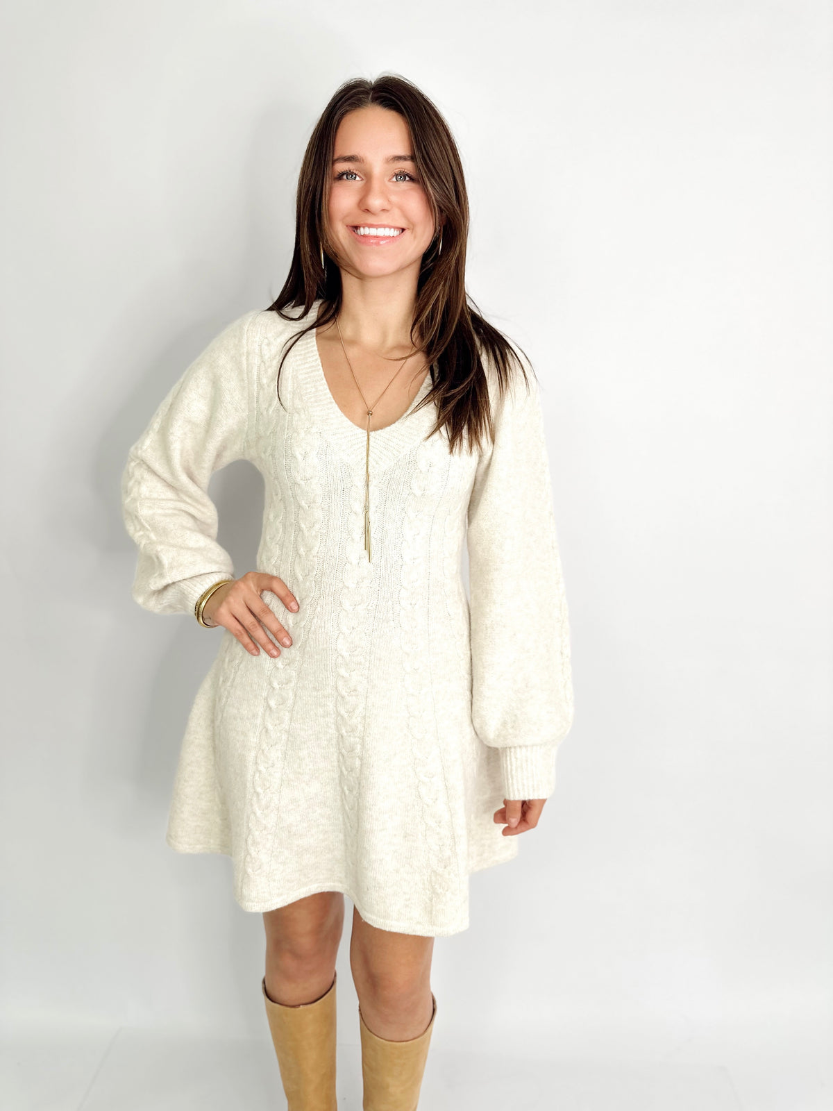 Anita Cable Knit Fit &amp; Flare Mini Dress Oatmeal