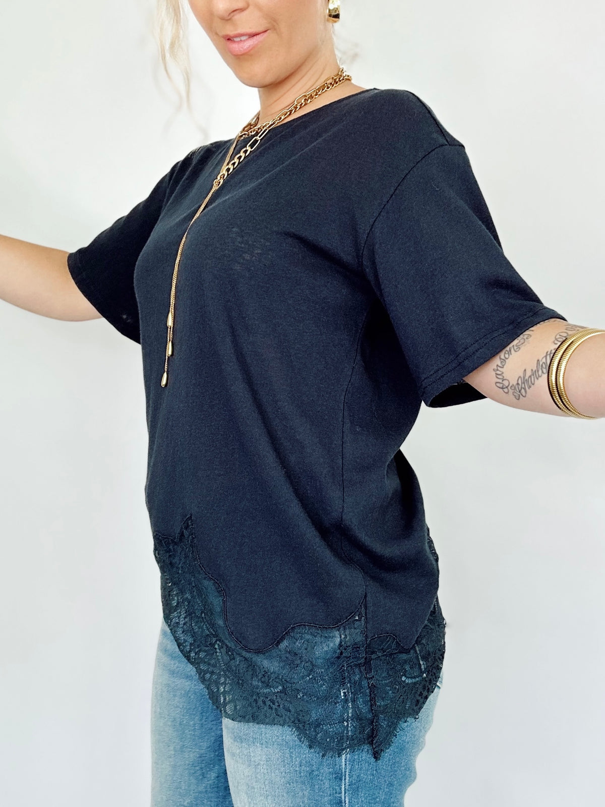 Kara Slub Knit Lace Hem Tee Navy