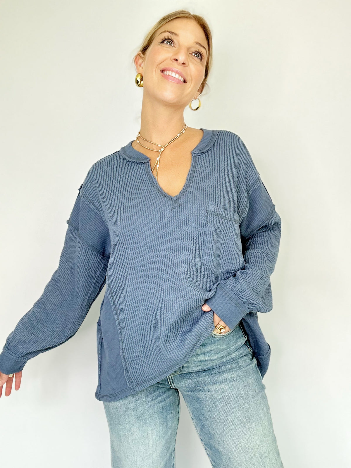 Ramona Split Neck Ribbed Top