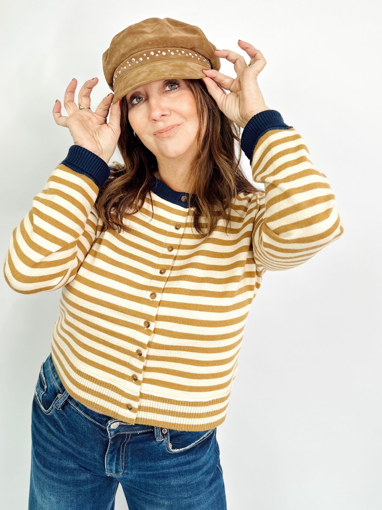 Faith Stripe Button Down Cardigan Mustard/Navy