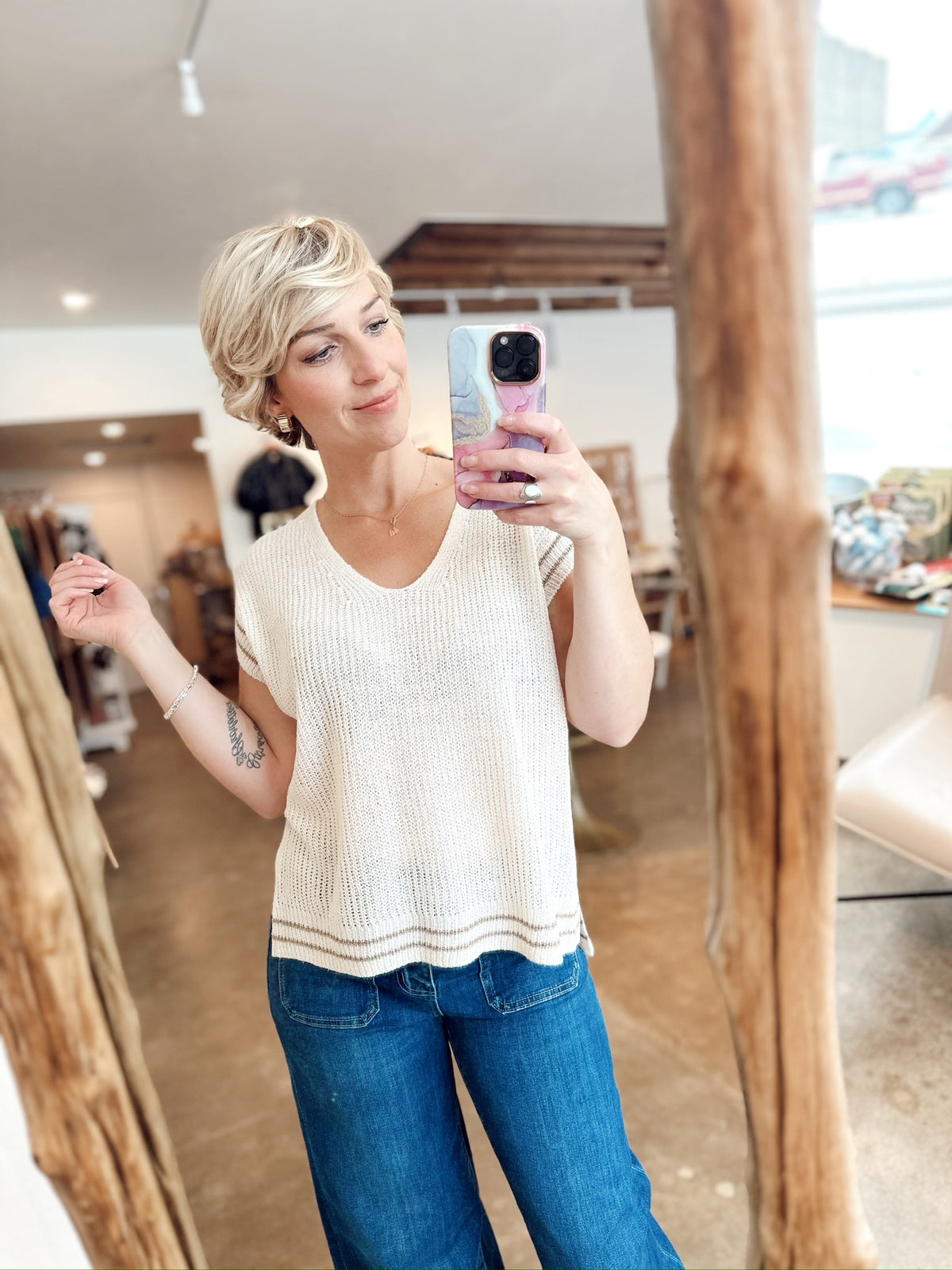 Megan V-Neck Sweater Vest W/Stripe Detail Natural