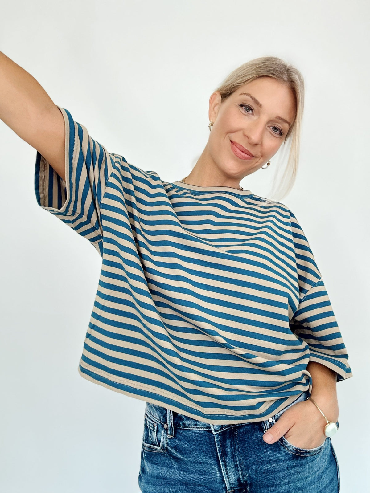 Vivian Stripe Oversized Boyfriend Tee Tan