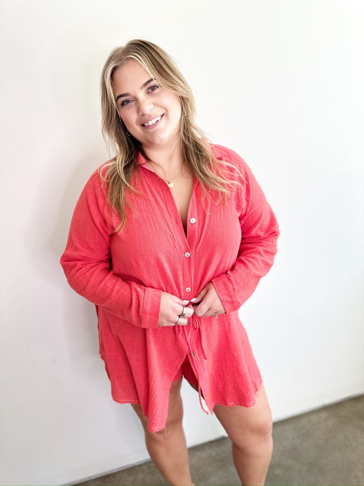 Rebecca Shirt Romper Coral Red