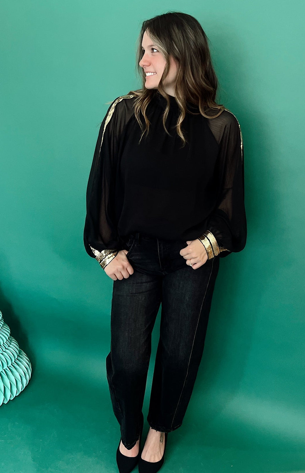 Isabella Raglan Sequin Chiffon Top Black