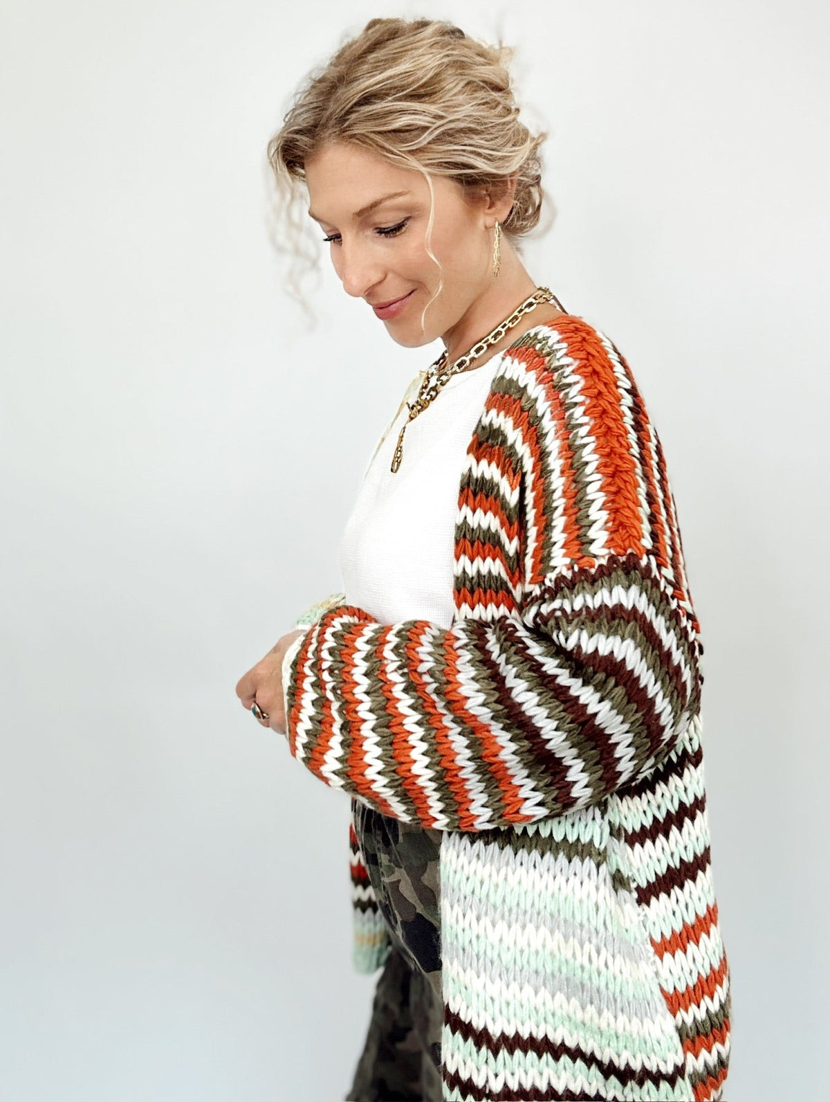 Kim Multi Stripe Chunky Knit Cardigan Rust