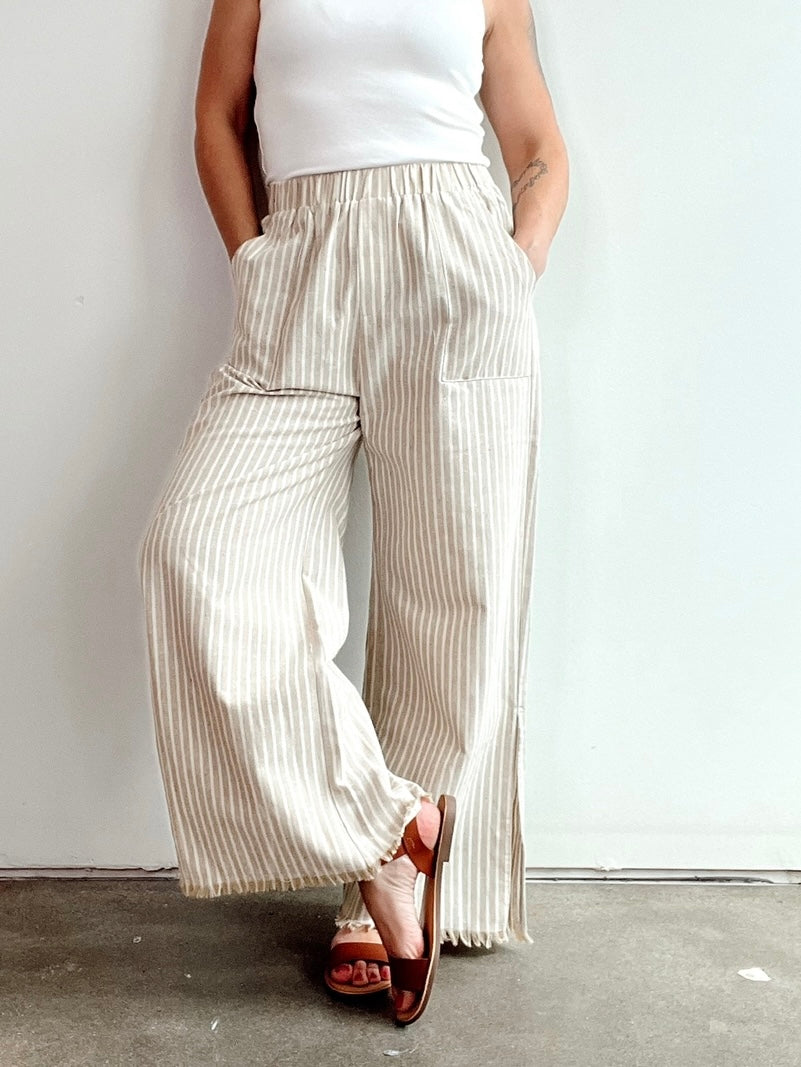 Carrie Striped Linen Pants, Taupe