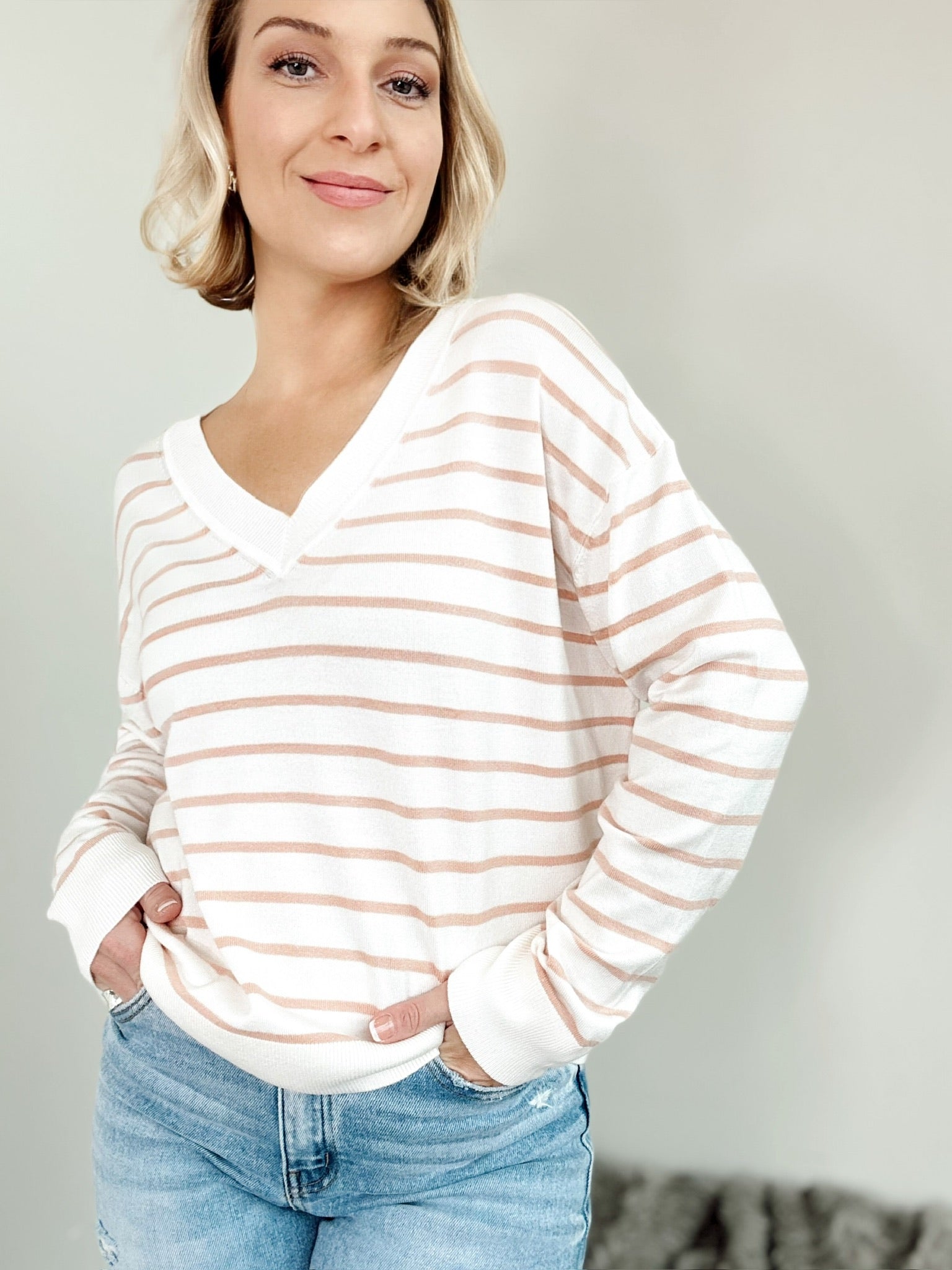 Lauren Striped V-Neck Sweater Peach