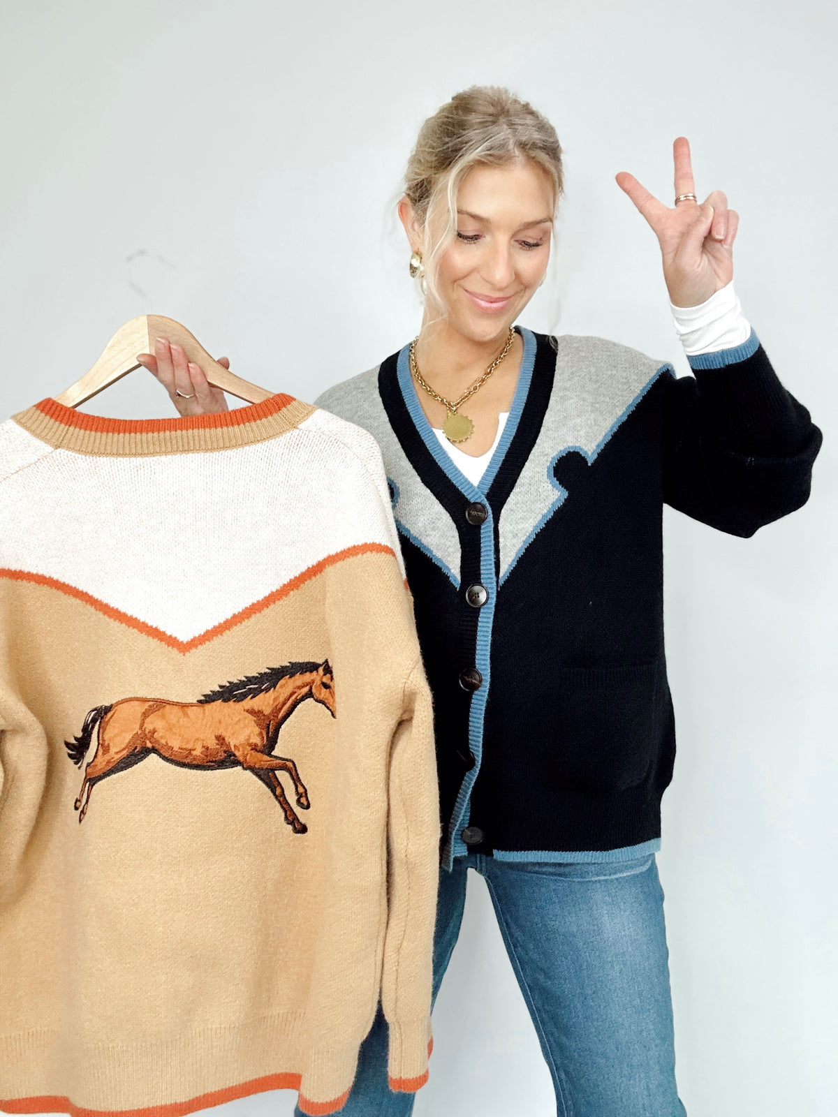 Horse Embroidered Sweater Cardigan Black