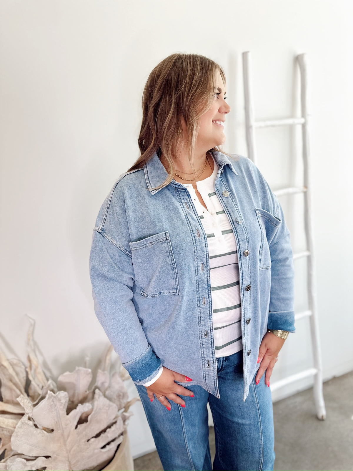 Harper Fleece Oversized Shacket Light Denim