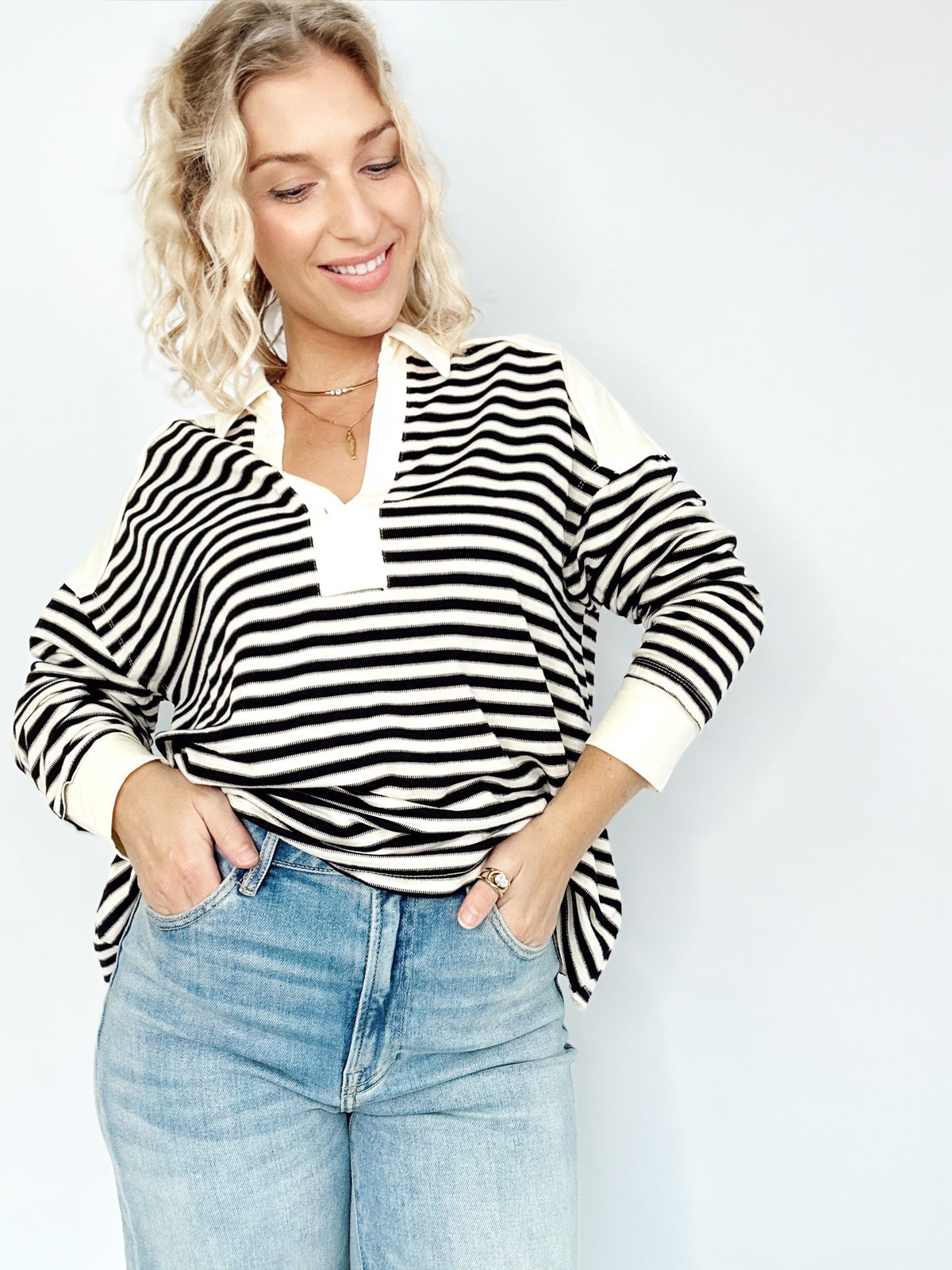 Emma Striped Henley Sweatshirt Black