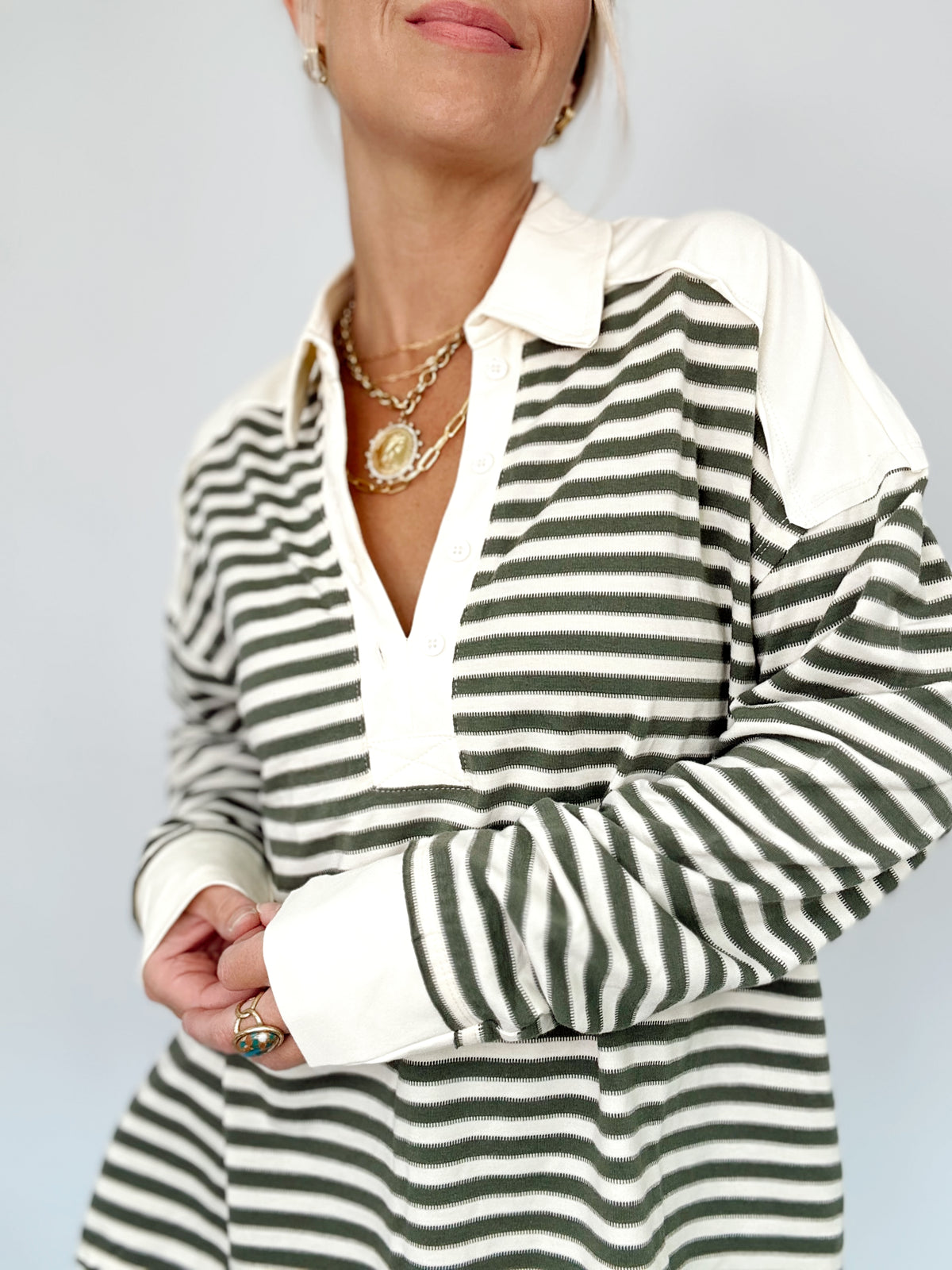 Emma Striped Henley Sweatshirt Olive Gray