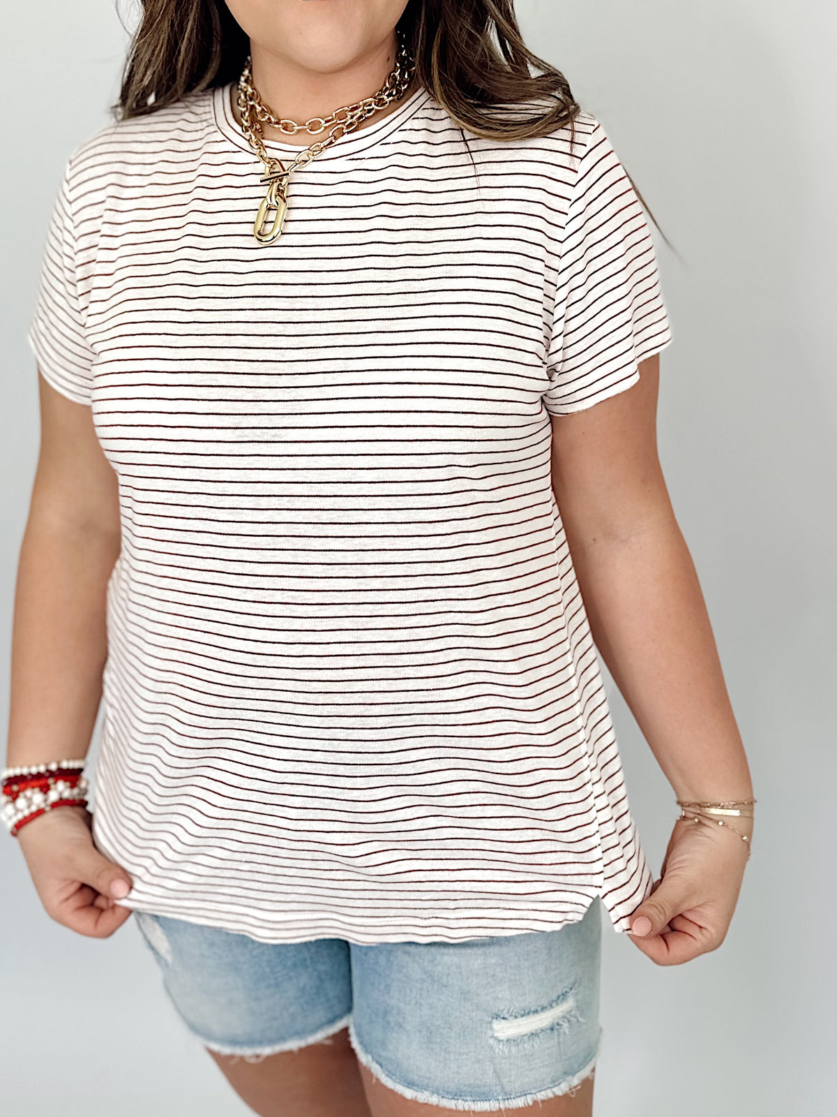 Lilah Linen Blended Striped Tee Cherry