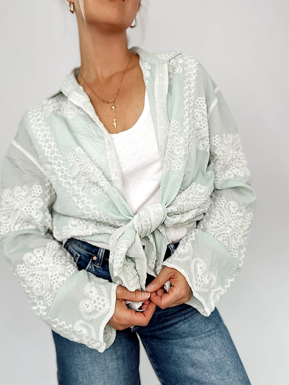 Lori Embroidery Long Sleeve Shirt Mint