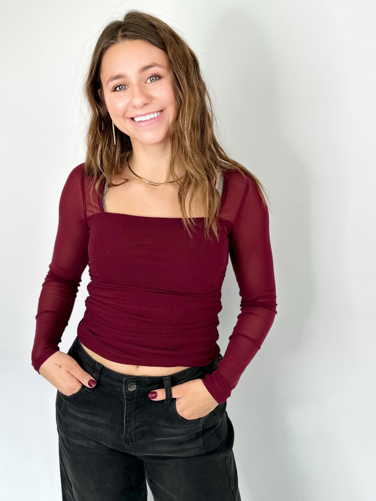 Sienna Ruched Square Neck Top Burgundy
