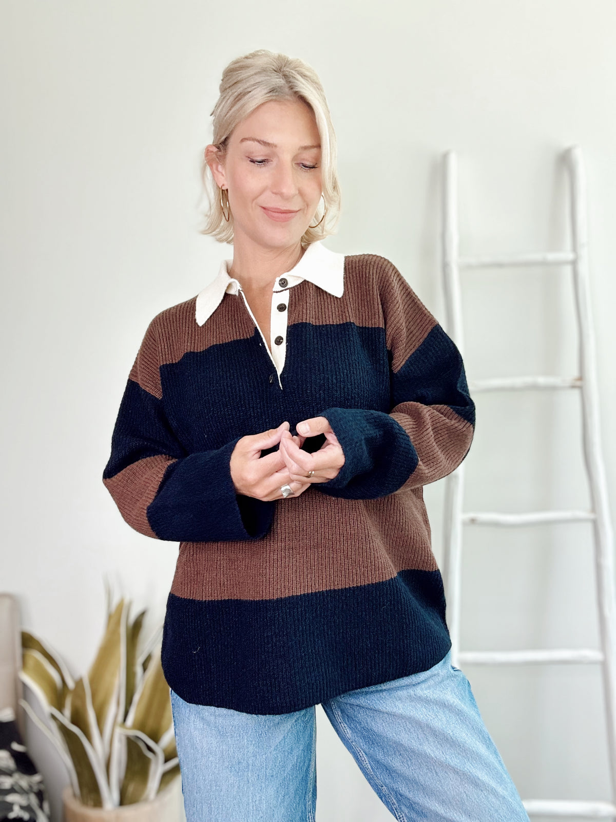 Maddy Wide Stripe Polo Sweater Navy