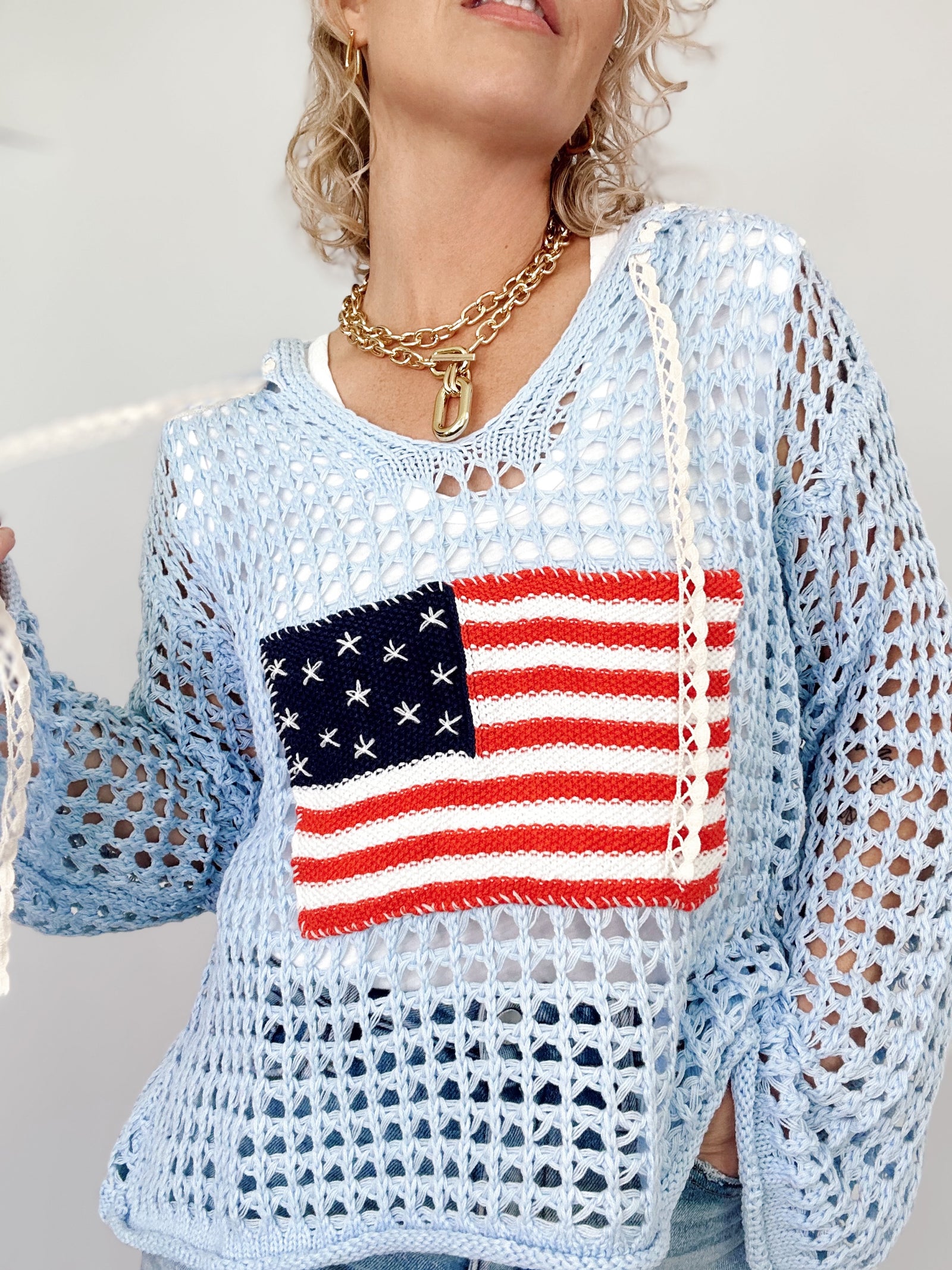 American Flag Thin Sweater Top Sky Blue