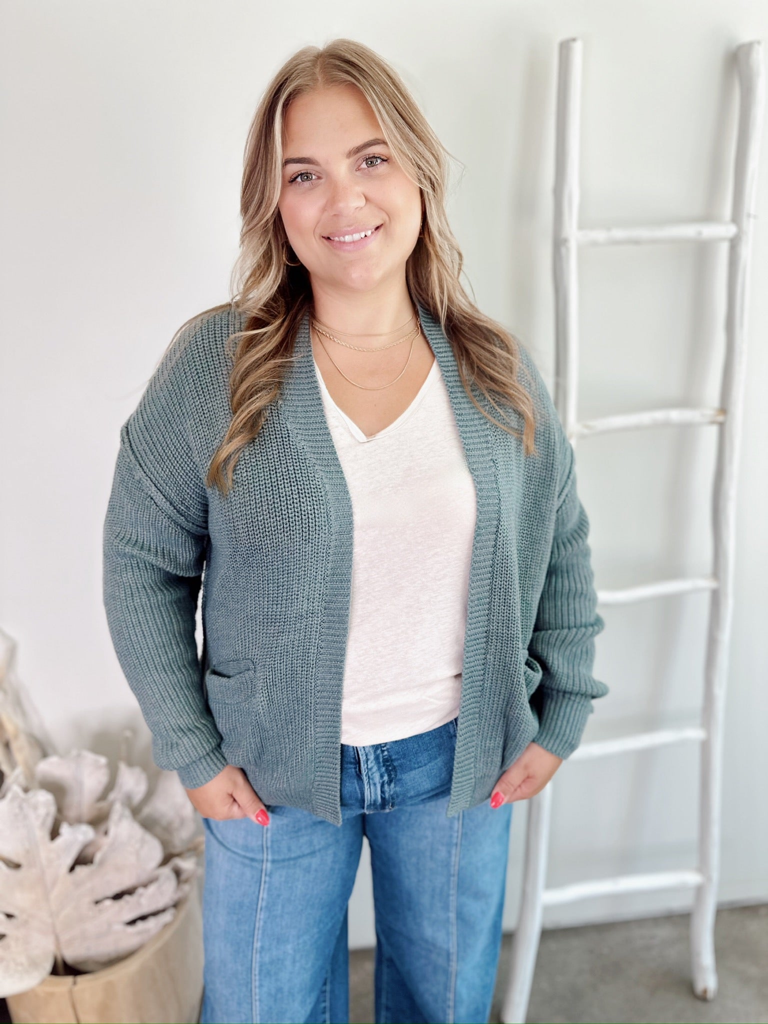 Hailey Chunky Ribbed Cardigan Emerald Blue
