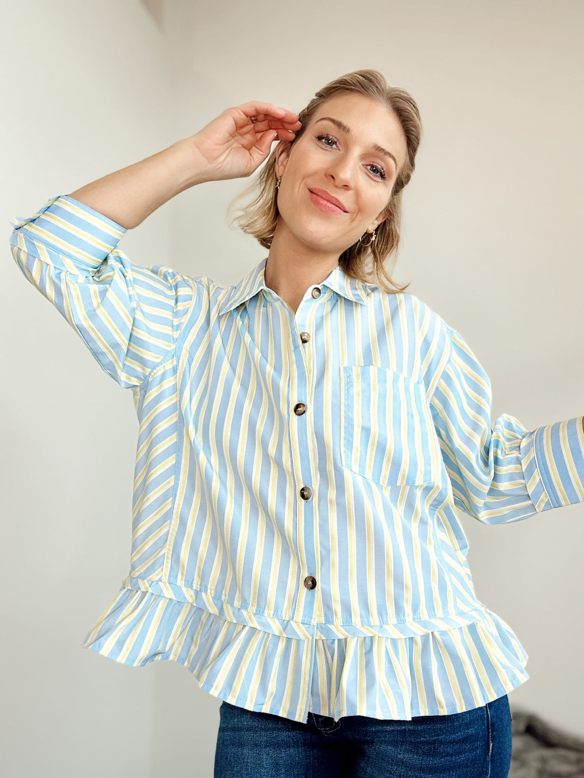 Lisa Striped Button Down Peplum Top