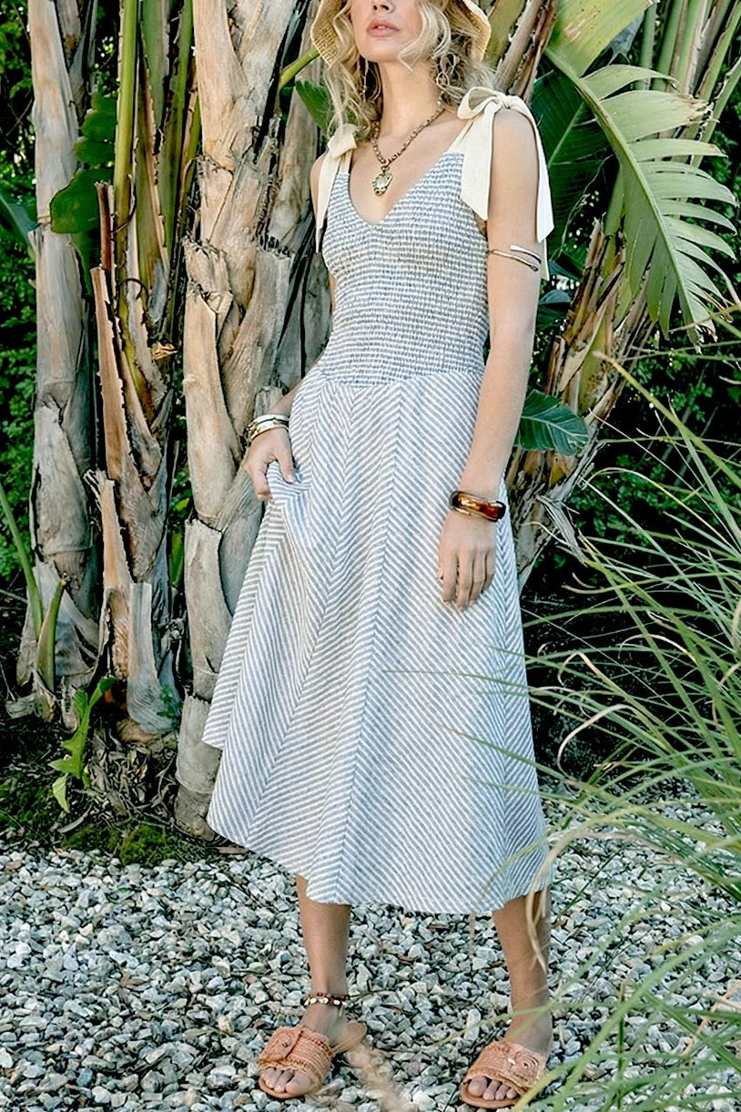 Willow Linen Striped Midi Dress Navy