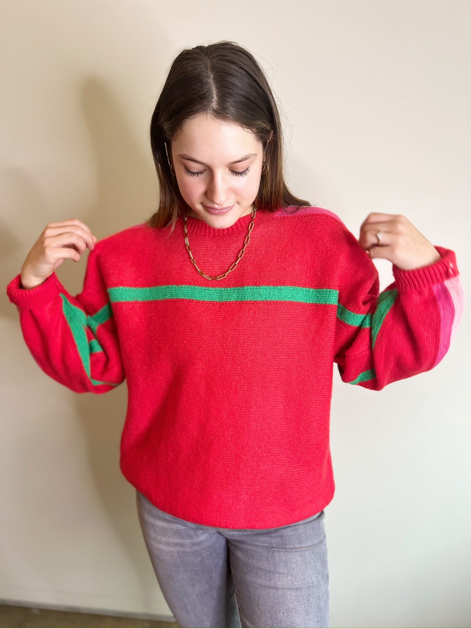 Heather Print Pullover Sweater Top Red