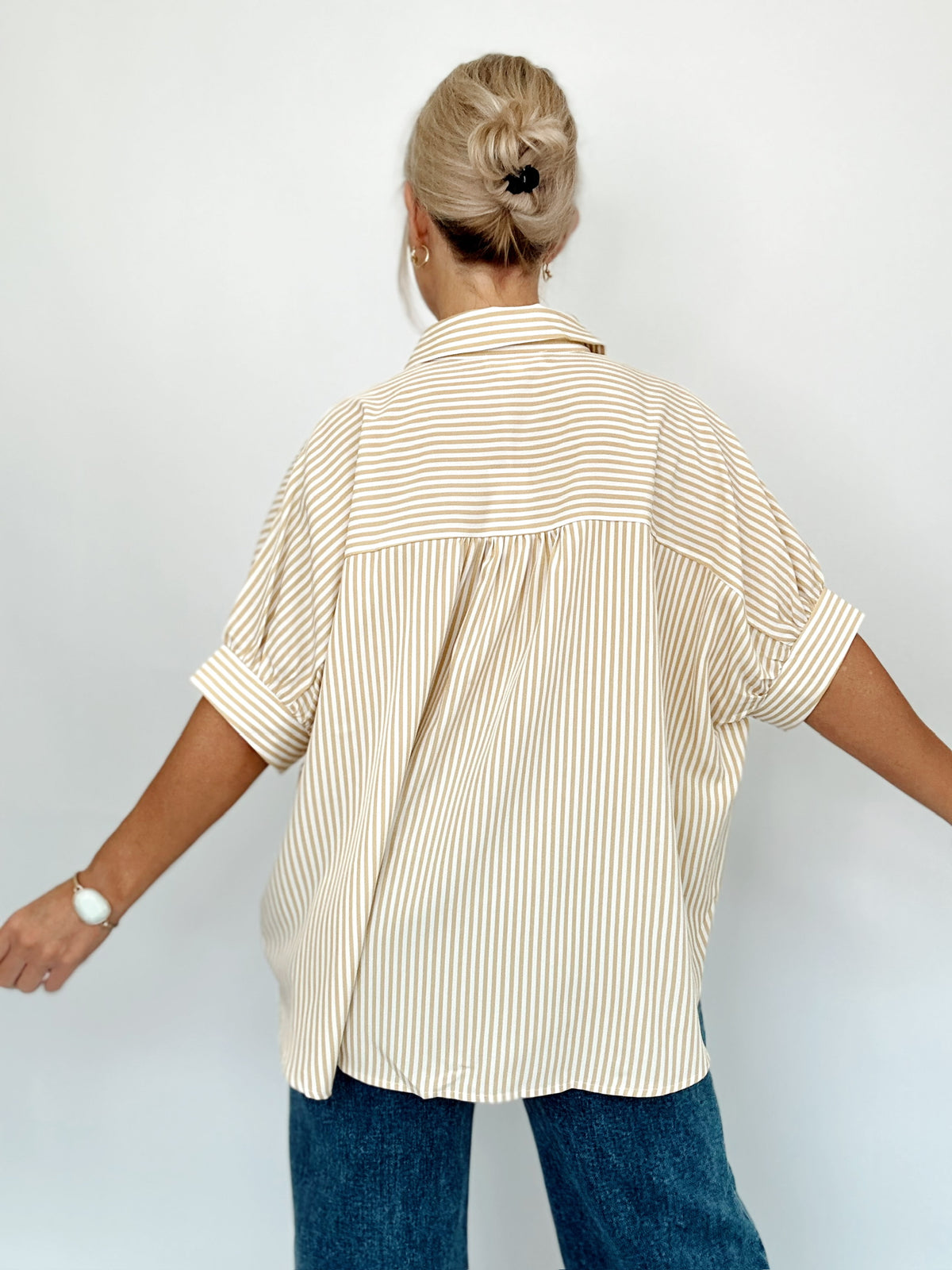Ellen Button Down Stripe Shirt Taupe