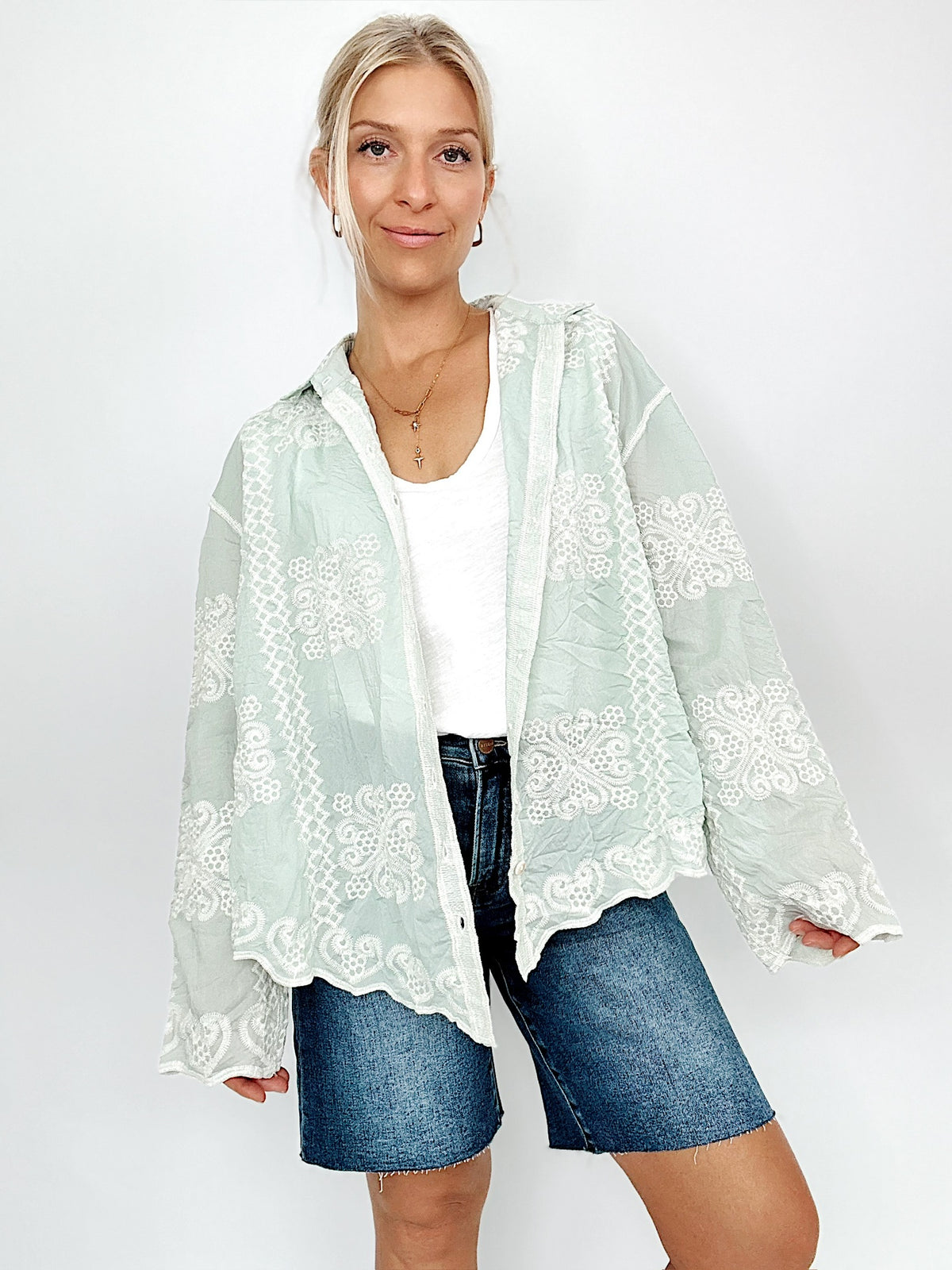 Lori Embroidery Long Sleeve Shirt Mint