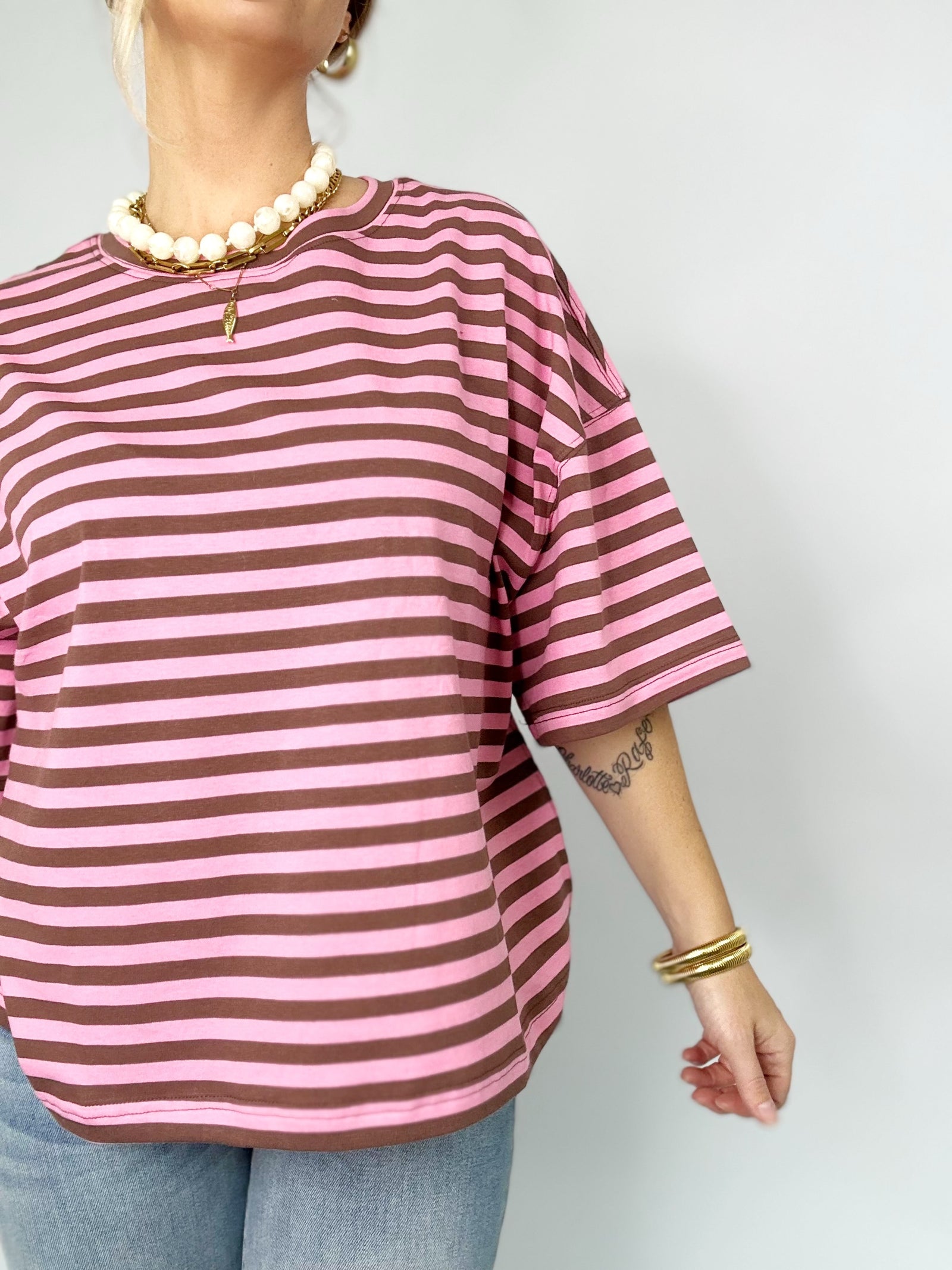 Vivian Stripe Oversized Boyfriend Tee Chocolate