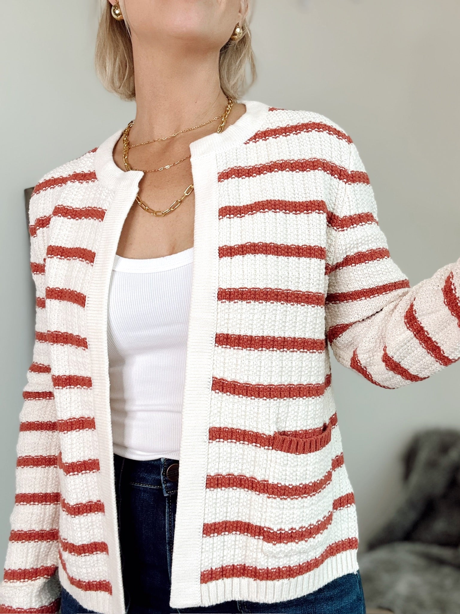 Tara Stripe Open Cardigan Poppy