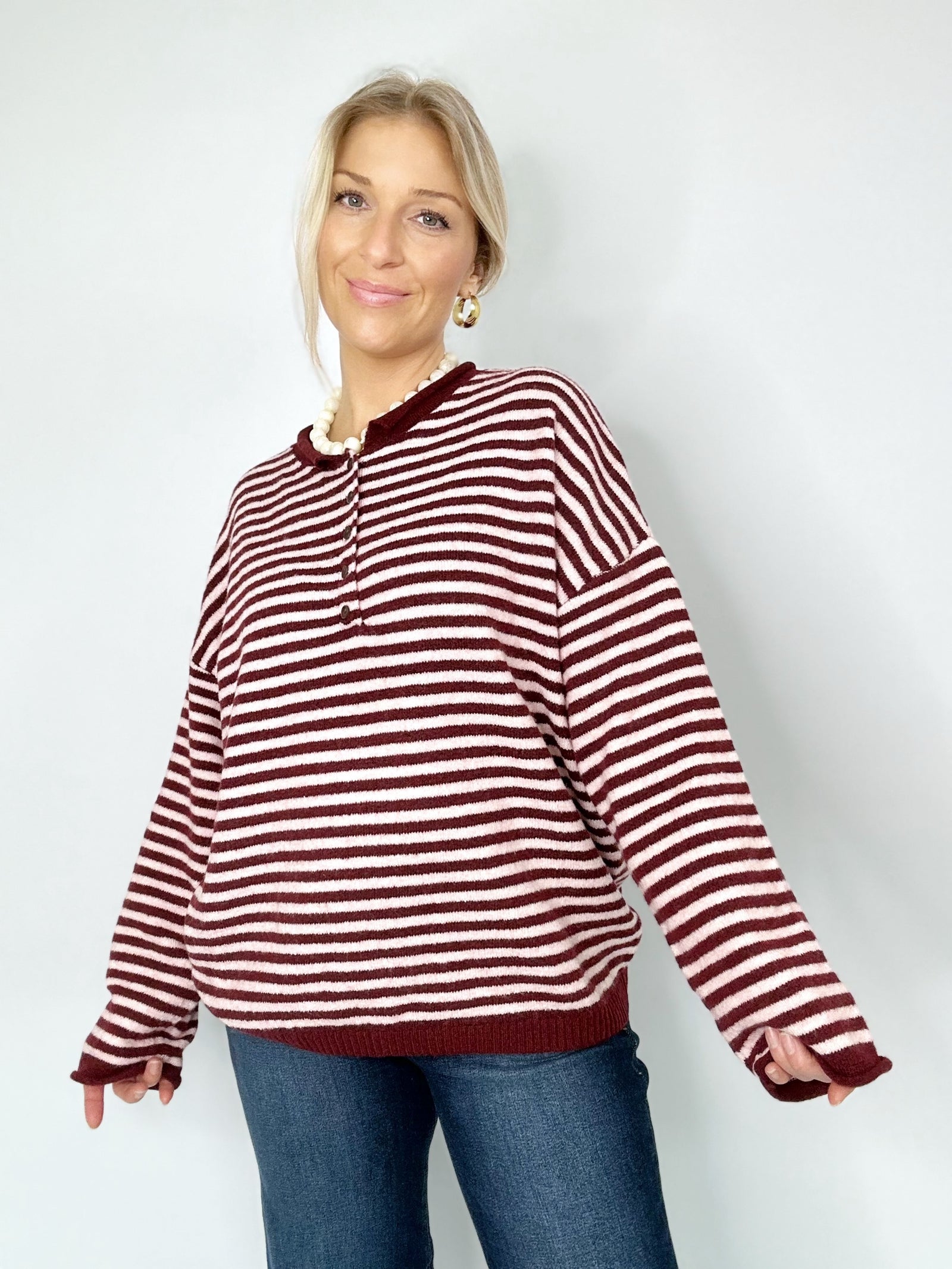 Mindee Henley Stripe Sweater Burgundy