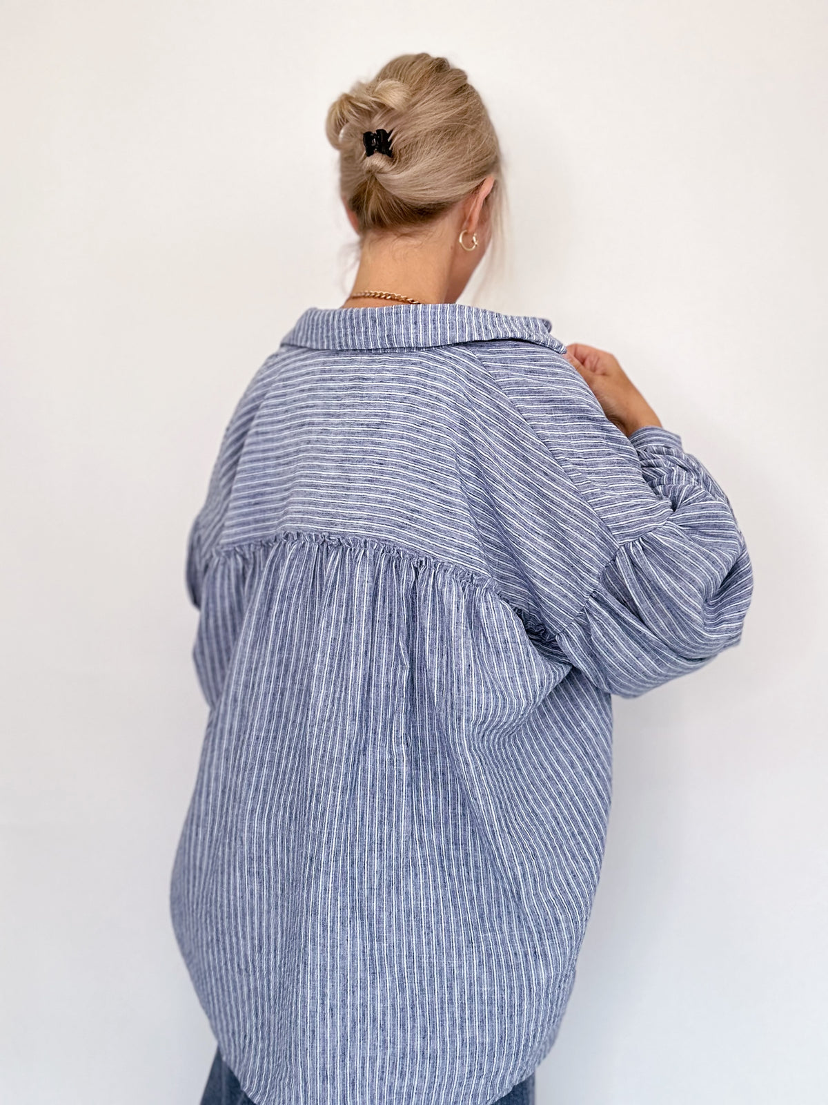 Macie Balloon Sleeve Stripe Shirt Blue