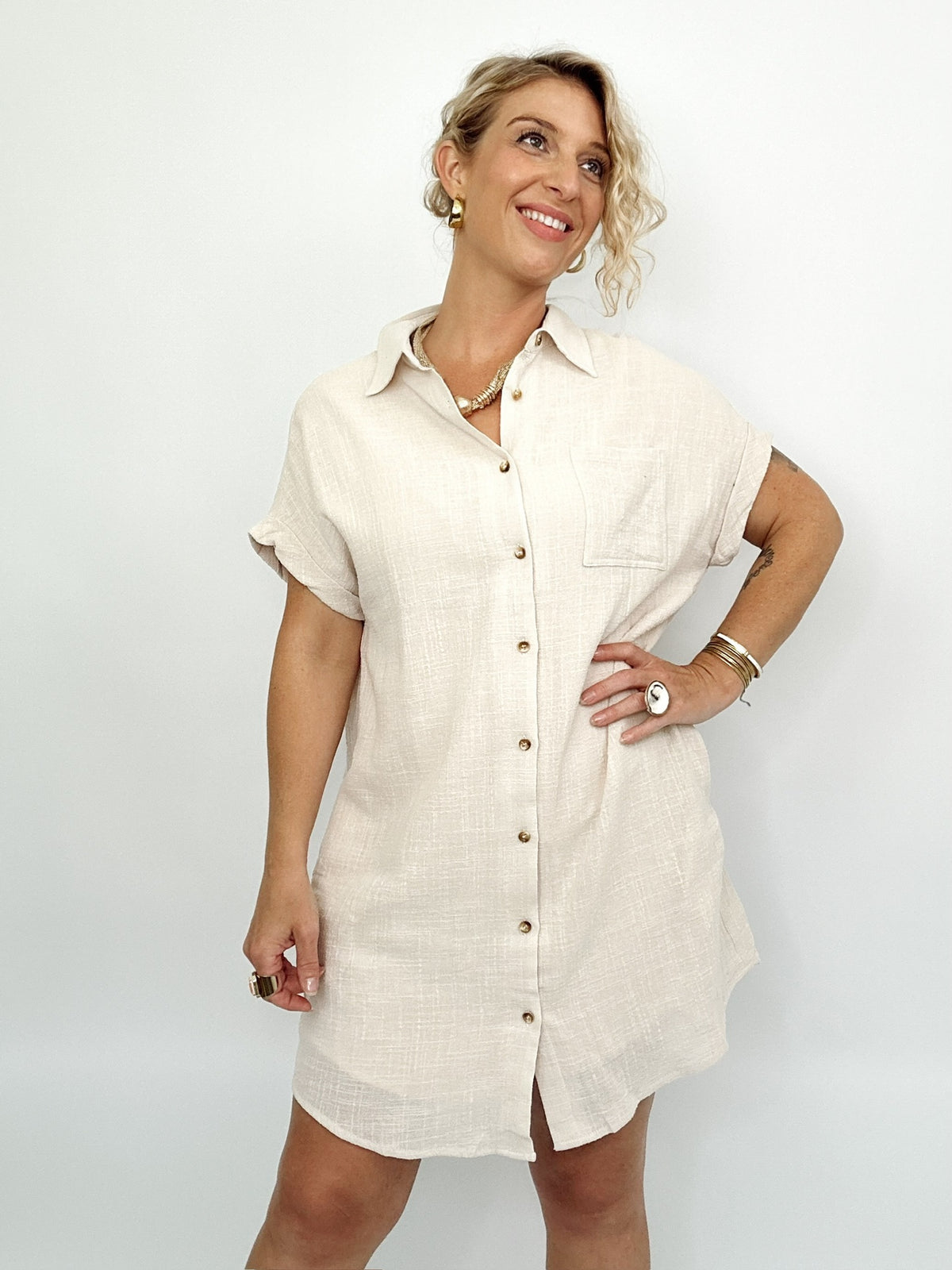 Penelope Button Up Shirt Mini Dress Oatmeal