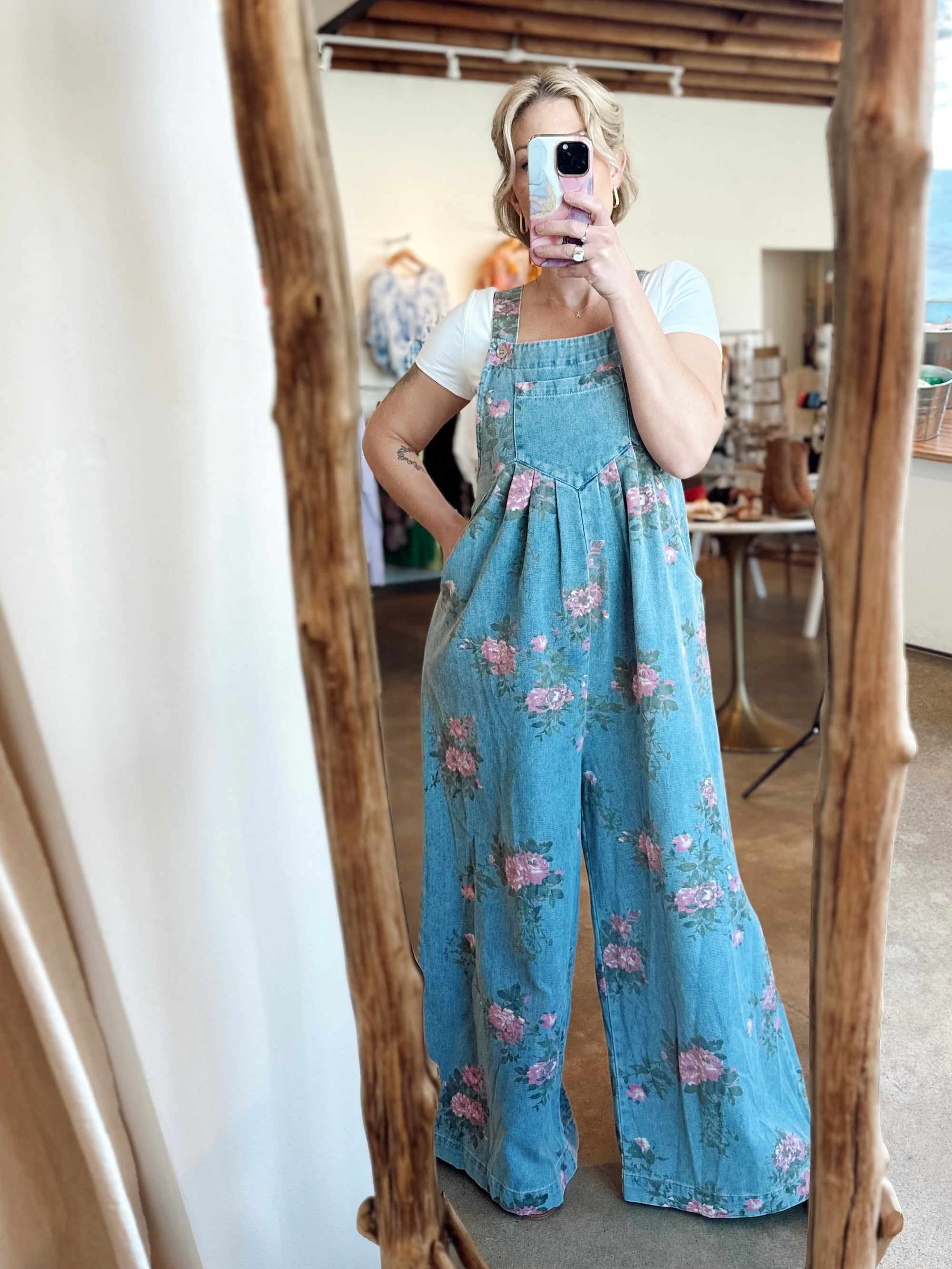 May Flower Denim Wide Leg Overalls