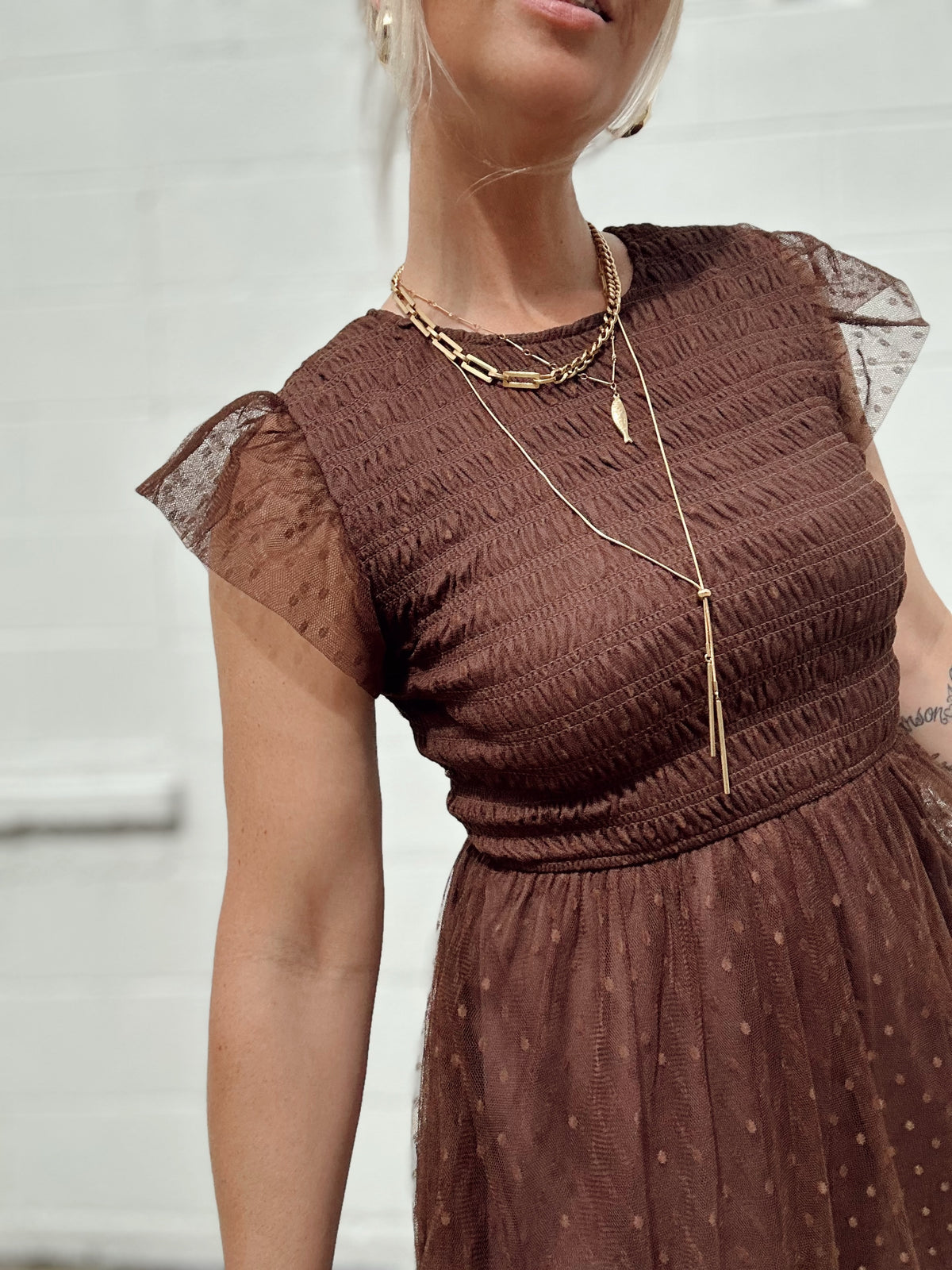 Tasha Polka Dot Chiffon Midi Dress Brown