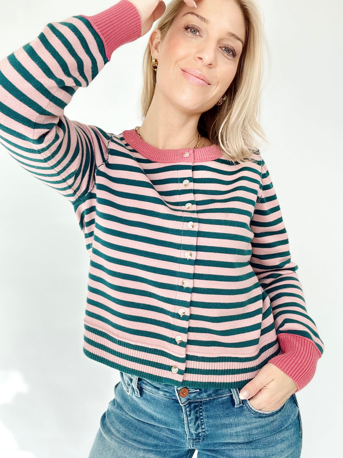 Faith Stripe Button Down Cardigan Forest Green/Rose