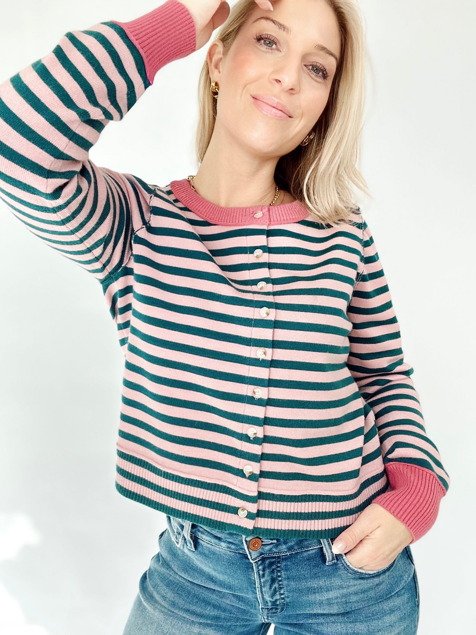 Faith Stripe Button Down Cardigan Forest Green/Rose