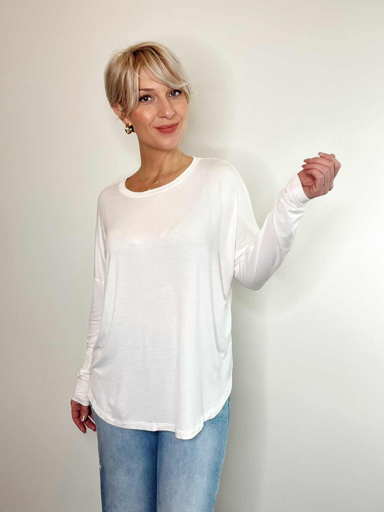 Solanna Round Neck Long Sleeve Top Off White