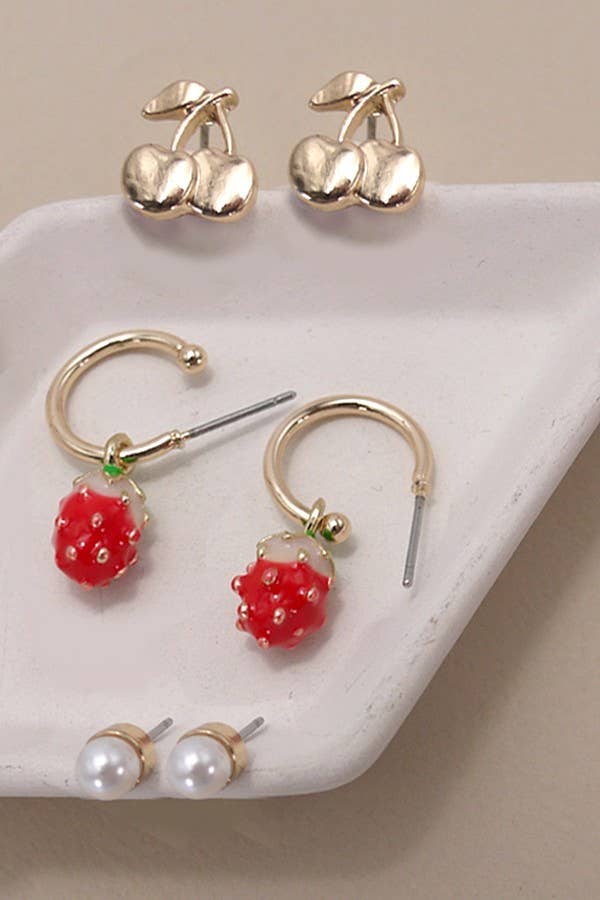 Strawberry Cherry Pearl Earring Set